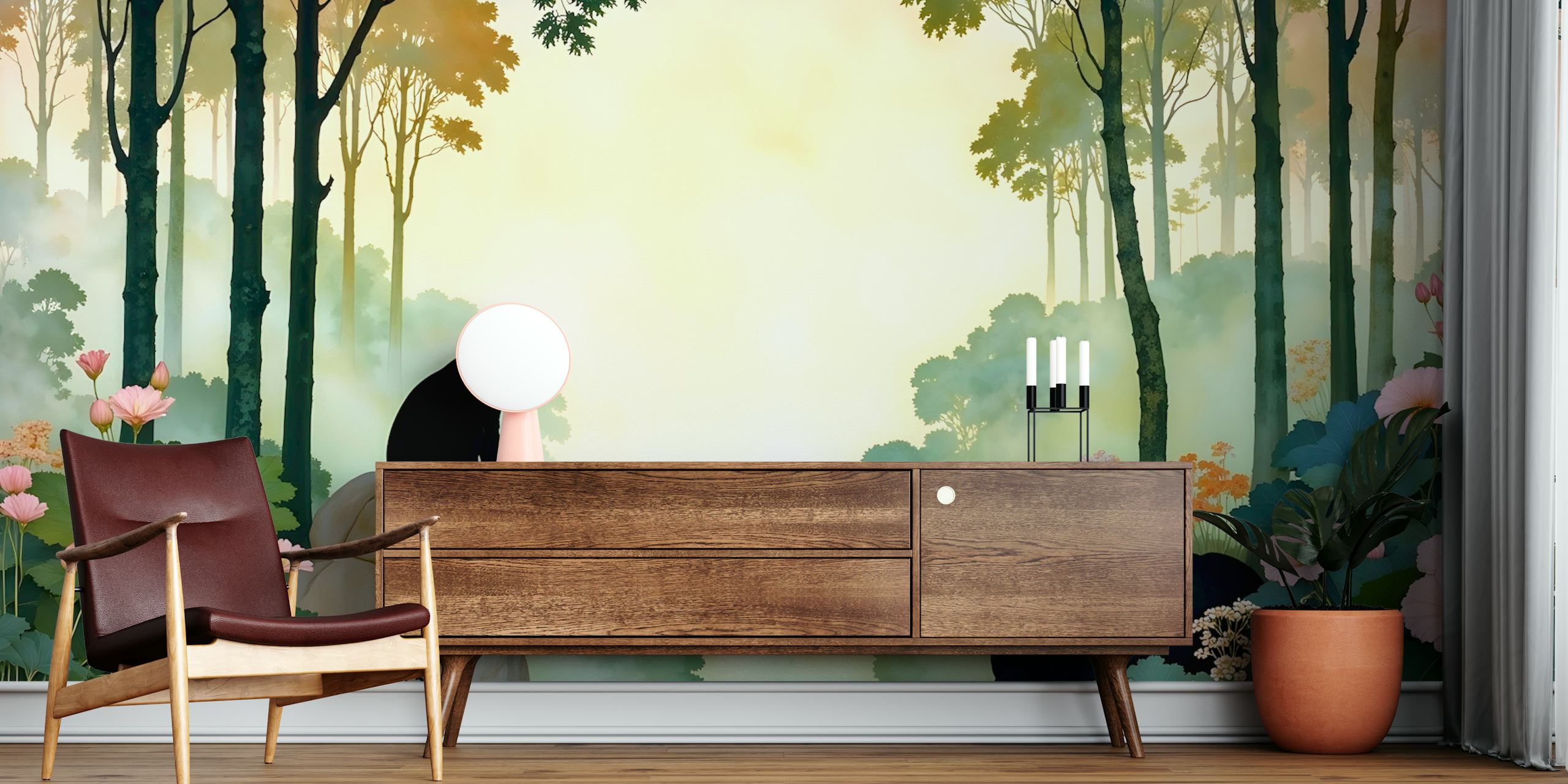 Tropical forest wallpaper with a monkey, pastel flowers, and tall trees