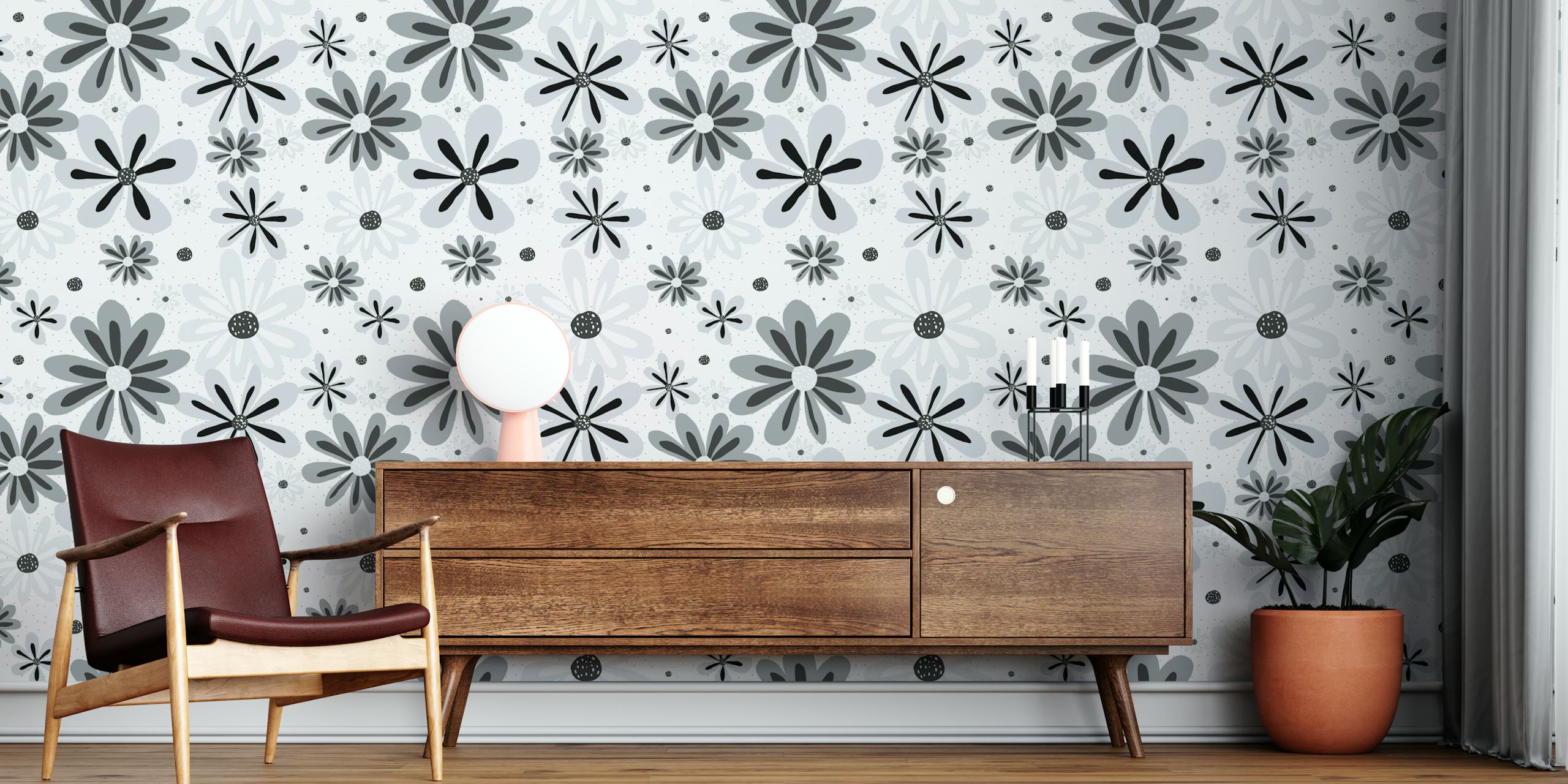 Black and white floral pattern wallpaper featuring assorted flower shapes and styles