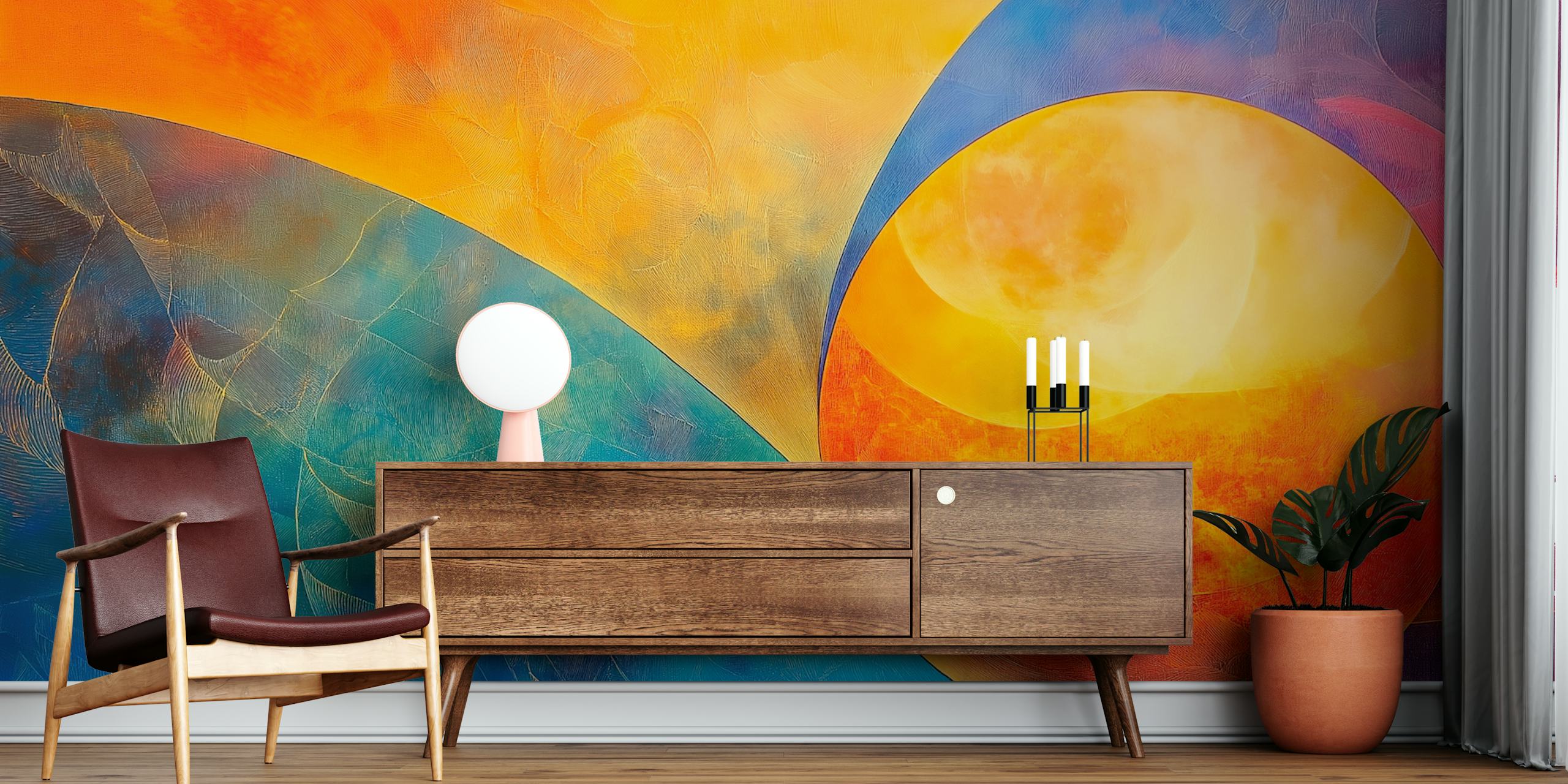 Vibrant solar canvas wallpaper in living room