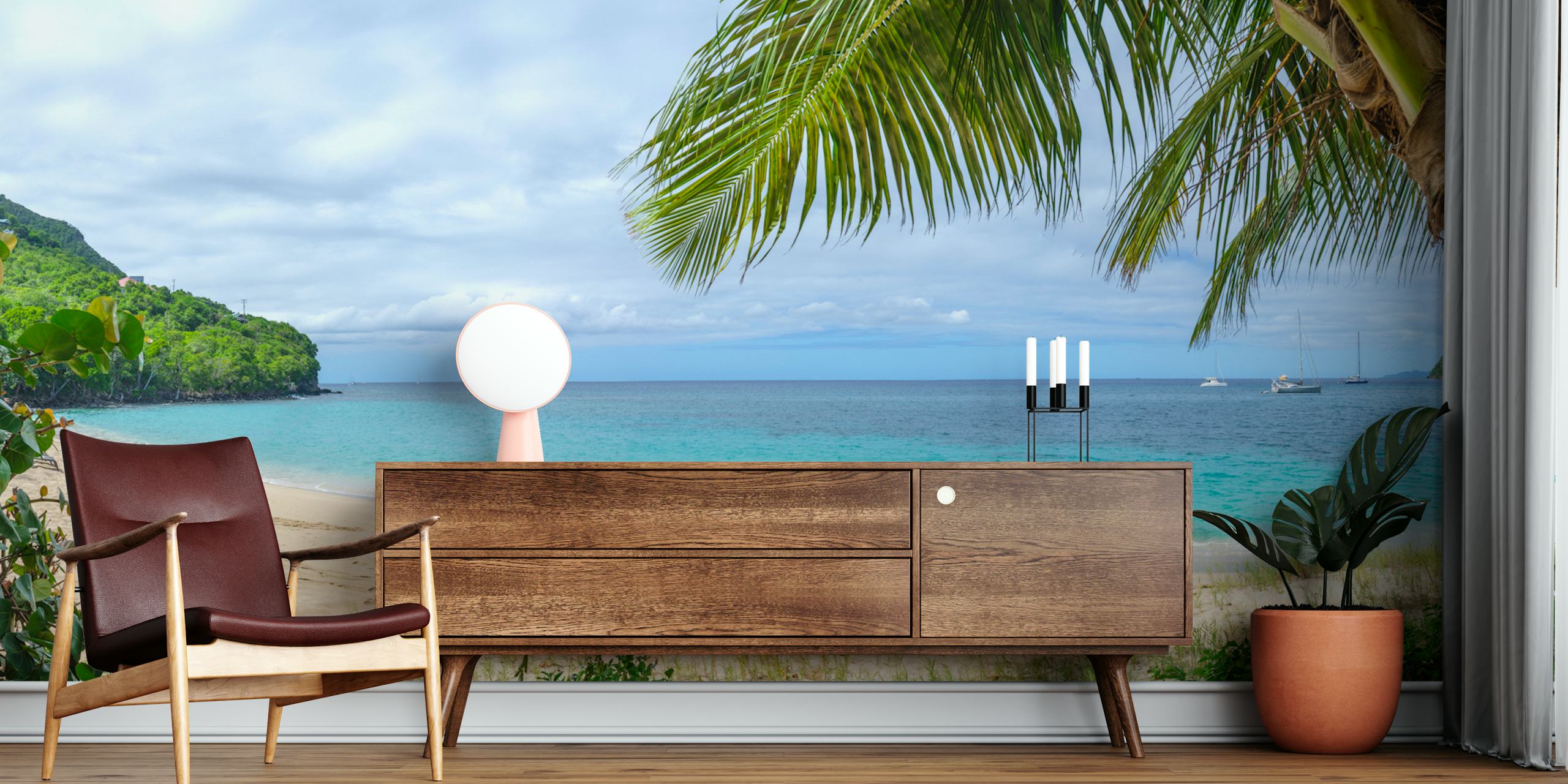 Tropical beach scene with palm trees and turquoise waters wallpaper