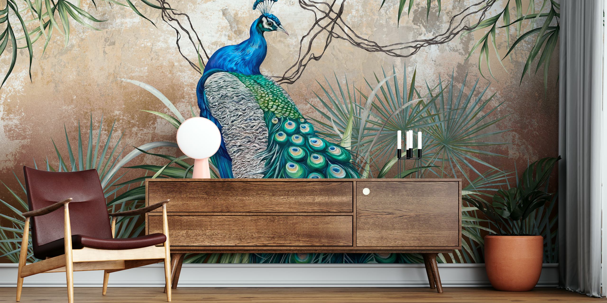 Exotic wildlife wallpaper with a peacock