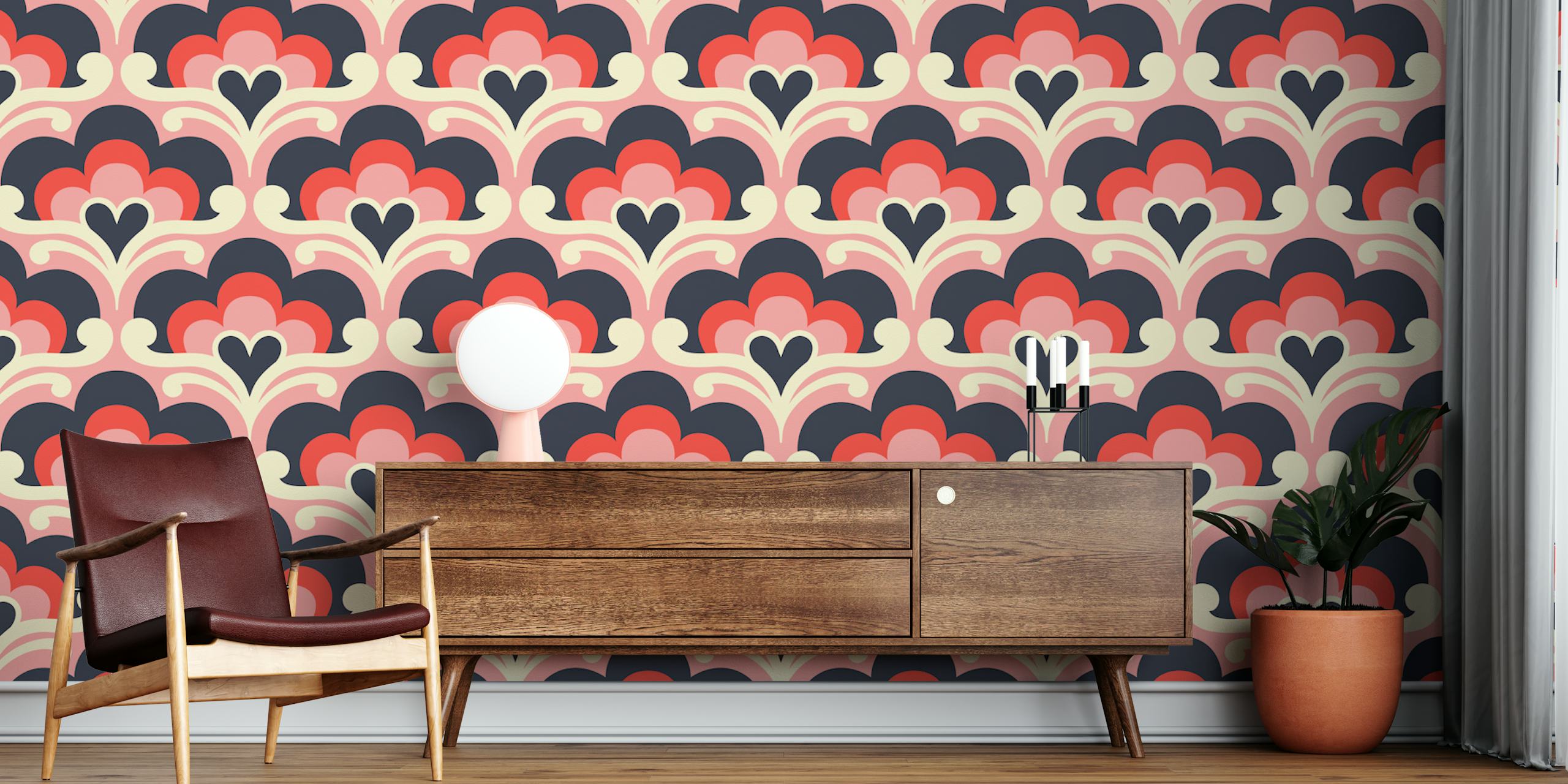Pink and navy scallop blossom pattern wallpaper