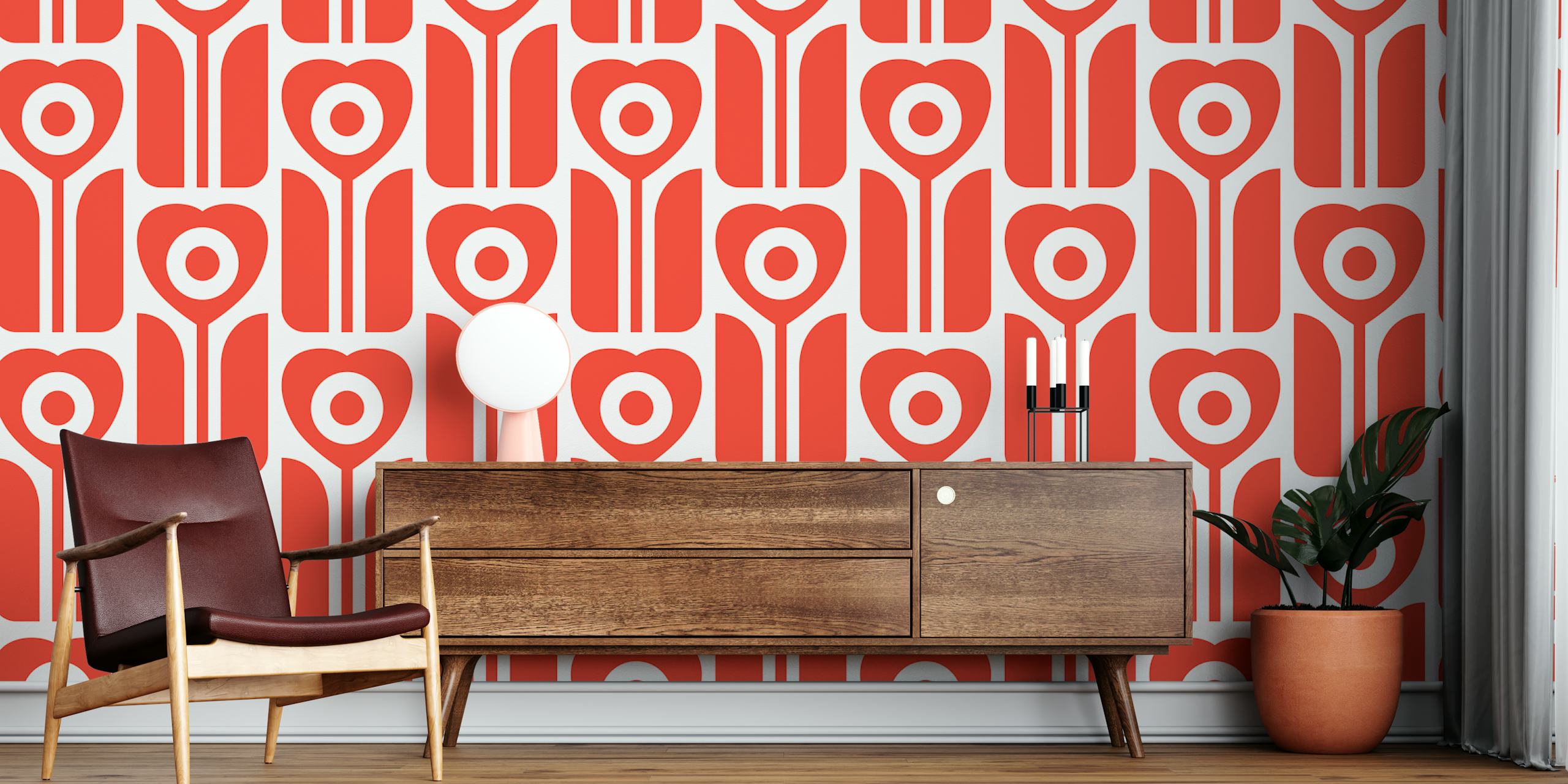 Papel pintado Retro geometric tulips red en una habitación