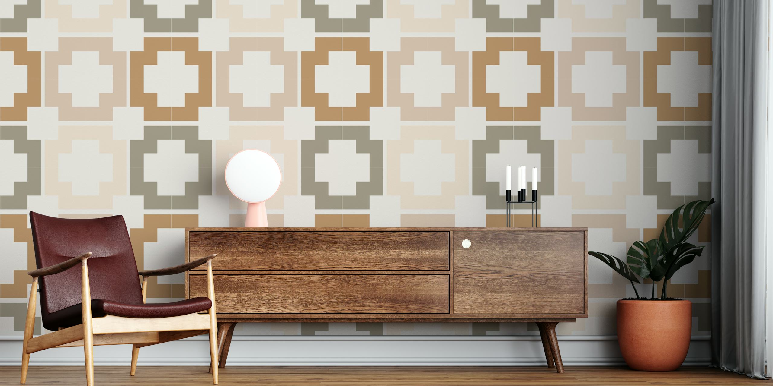 Geometric pattern in brown, beige, and cream colors wallpaper