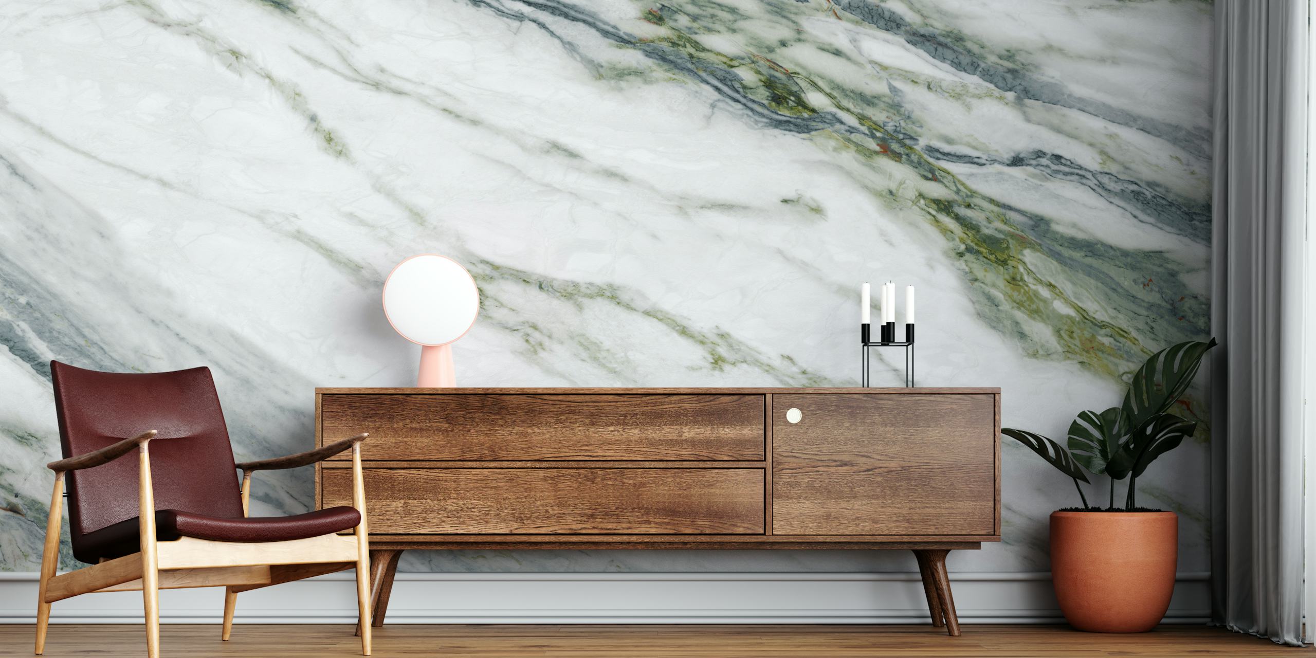 Calacatta Verde marble pattern wallpaper featuring white and green veining.