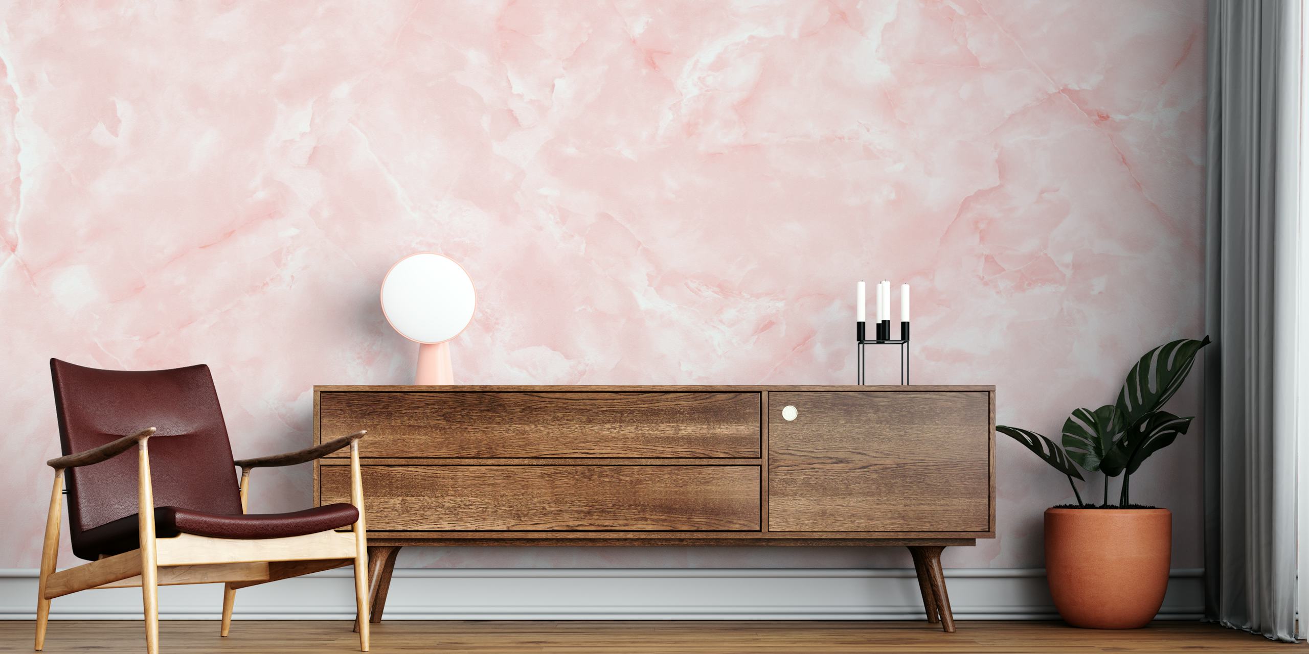 Pink Onyx Marble -tapetti esiteltynä huoneessa
