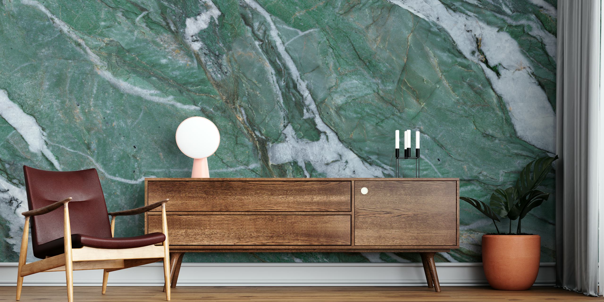 Luxe green marble wallpaper in a room