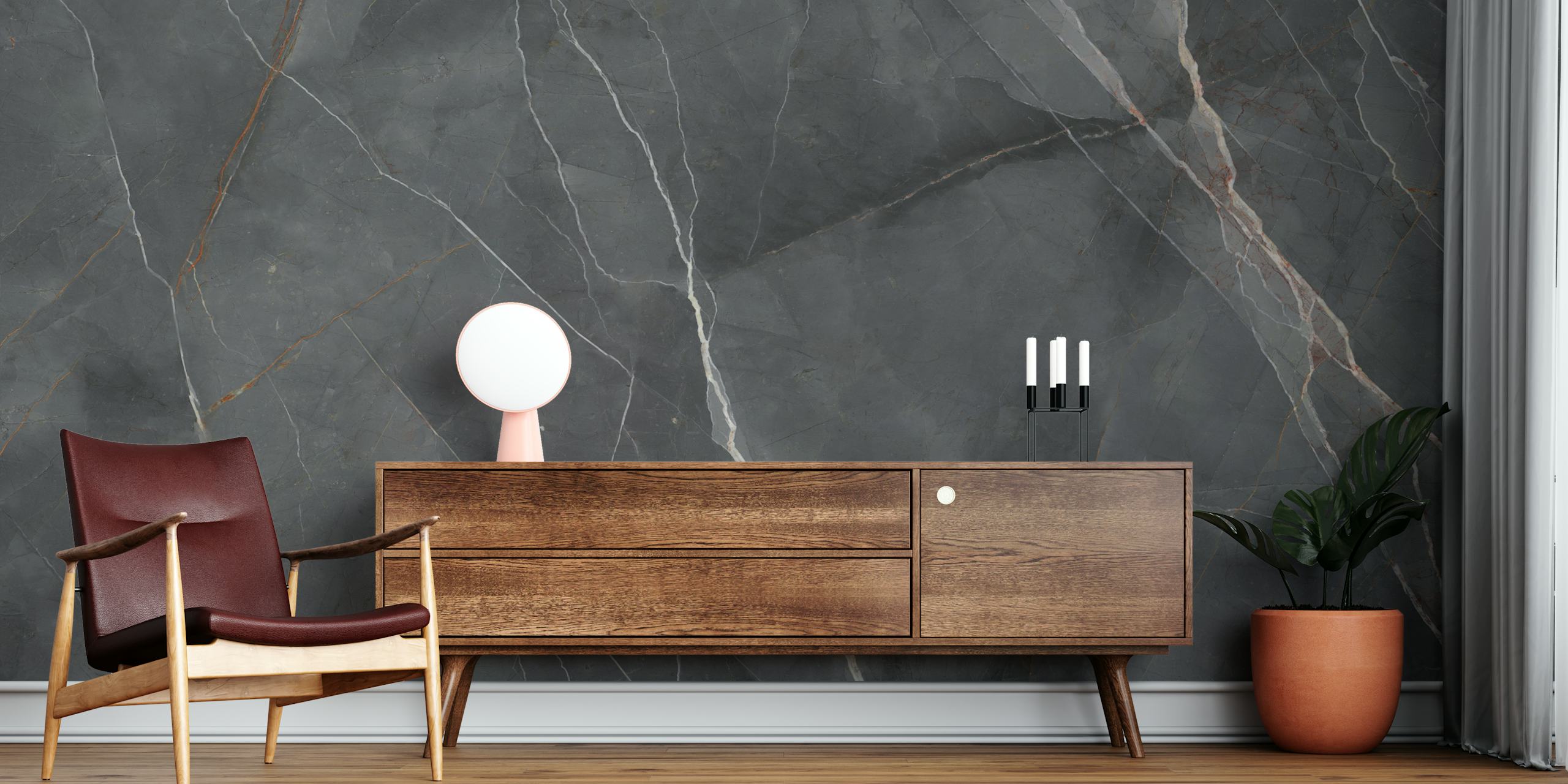 Graphite Black Marble papel pintado en una habitación moderna