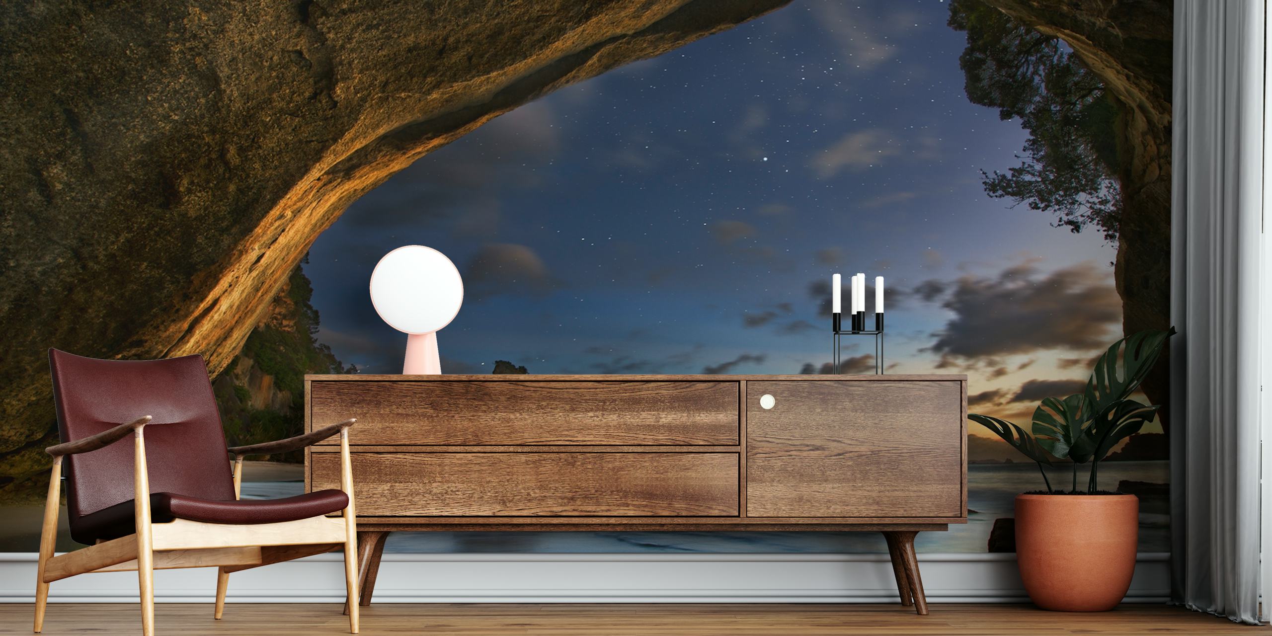 Cathedral Cove behang in een kamer