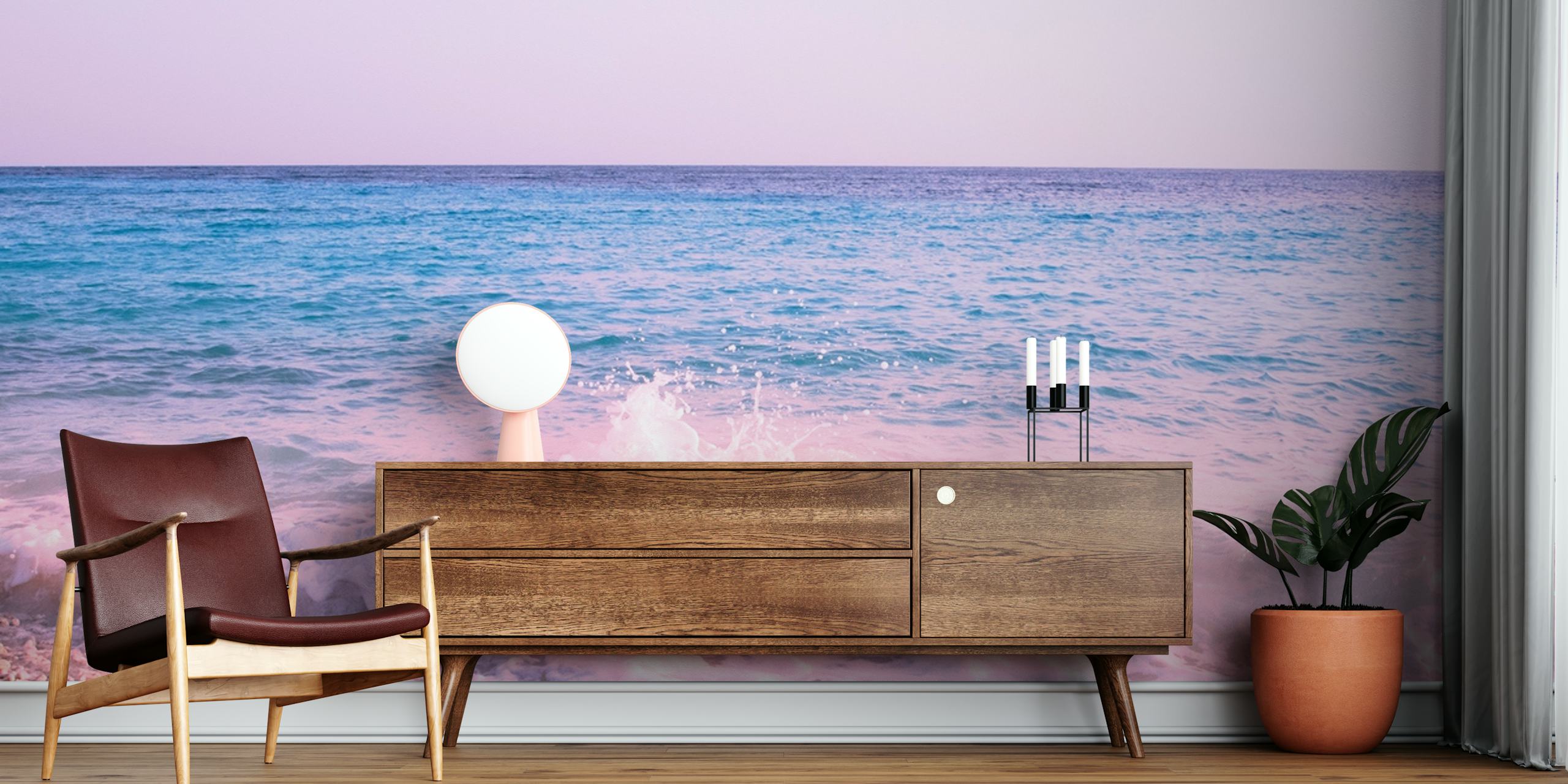 Tropical ocean waves with pink tint wallpaper