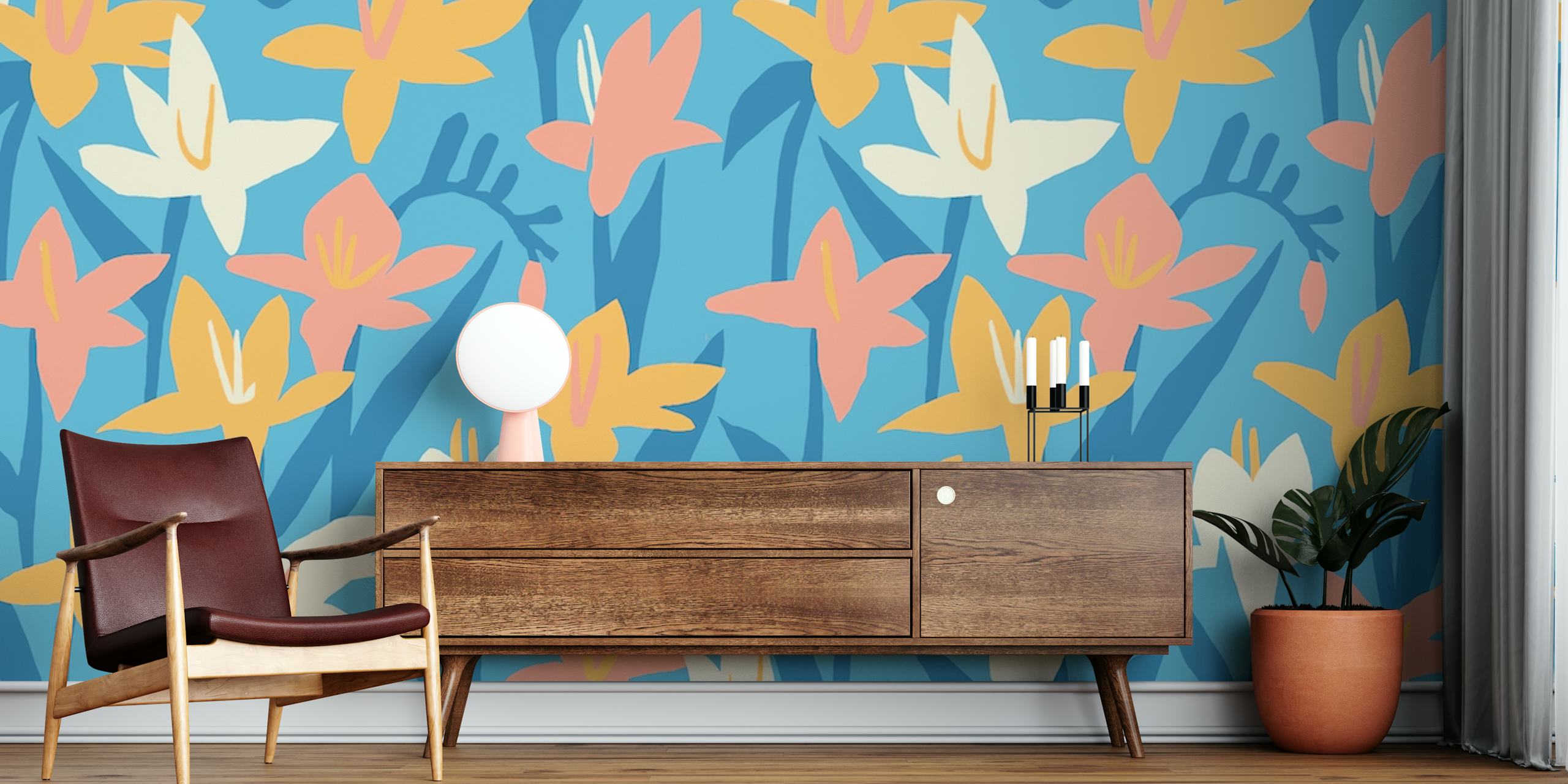 Lily on Blue Wall Mural with pastel lily flowers on a calm blue background