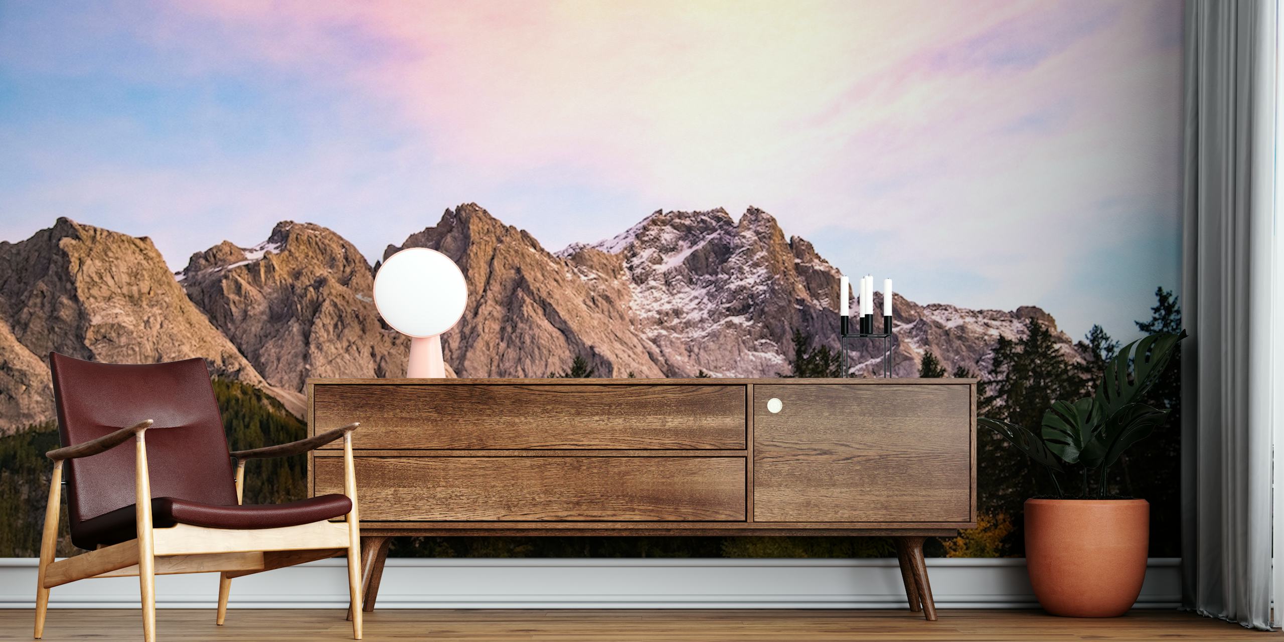 Mountain landscape wallpaper in a room