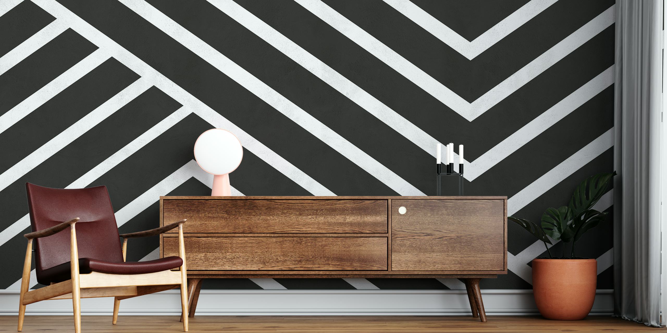 Geometrische lijnen in zwart en wit op behang