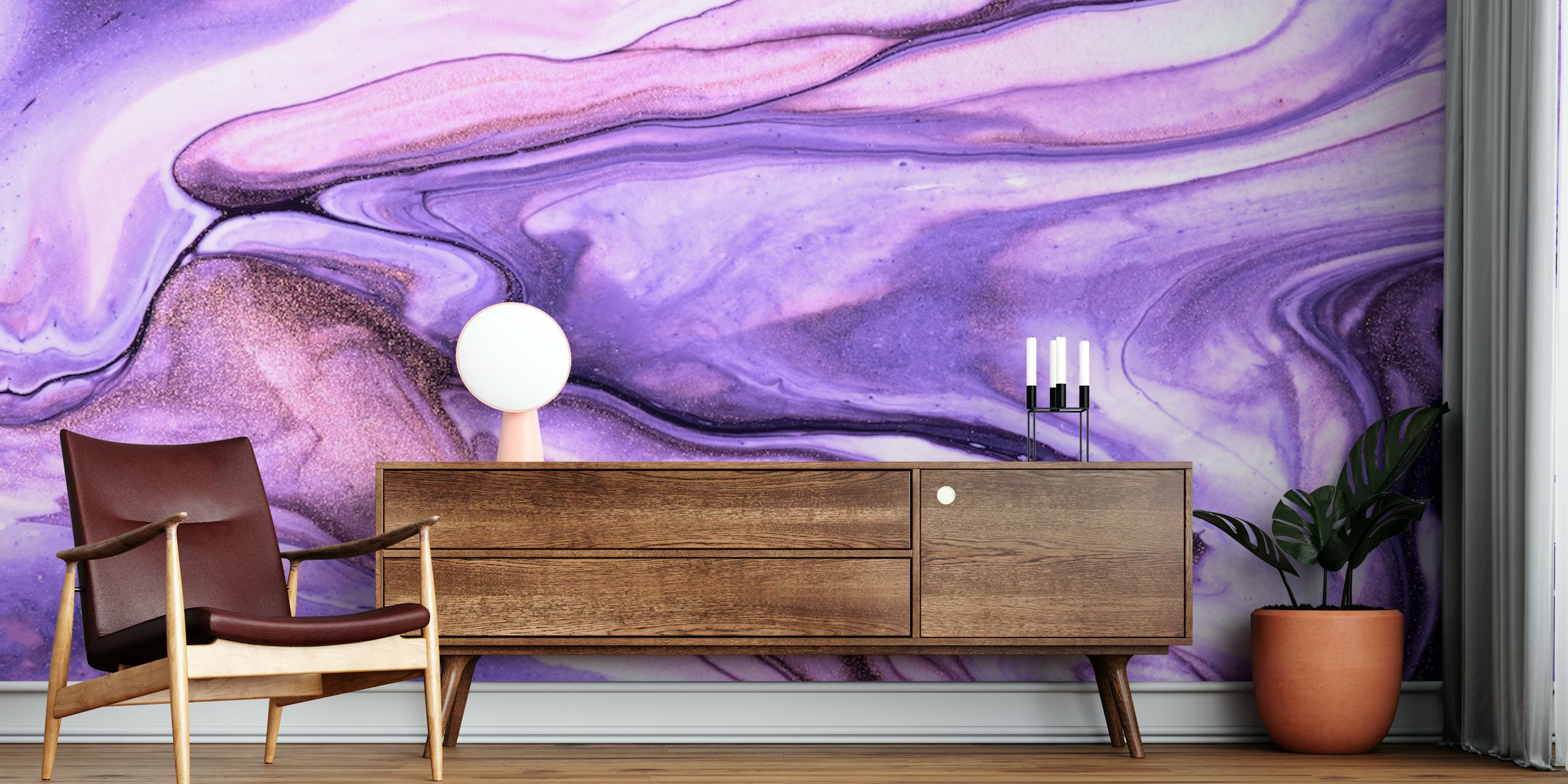 Αφηρημένο Purple fluid marble τοιχογραφία με λιλά, δαμάσκηνο και μπεζ στροβιλίσματα