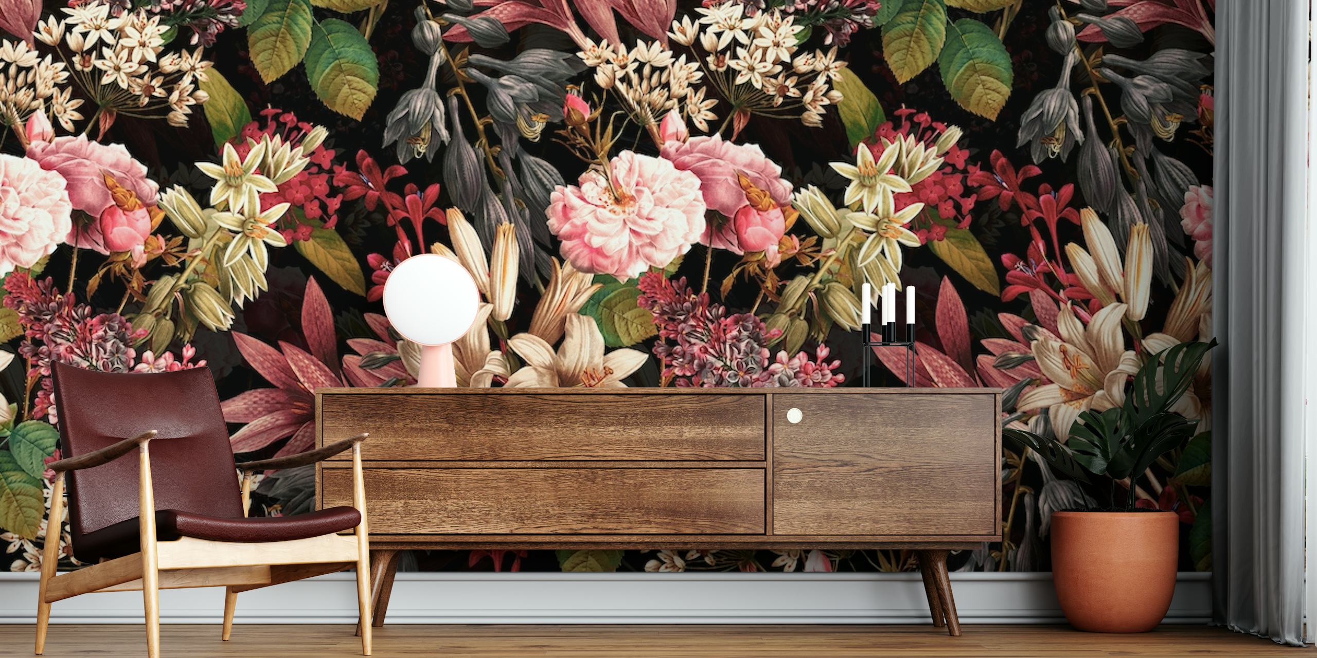 Yksityiskohtaiset kukat Edenin puutarhassa - Yön tapetti tummalla taustalla