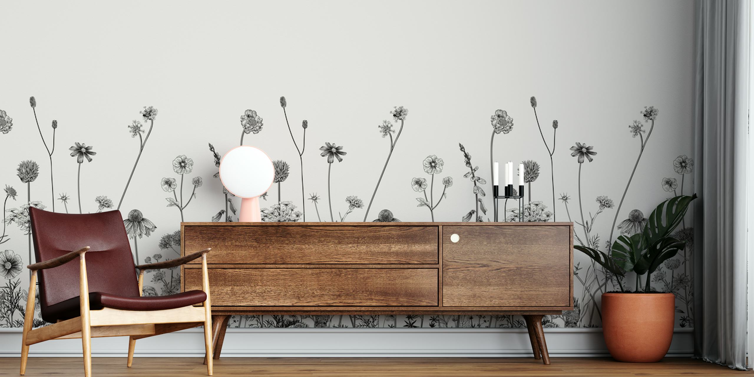 Black and white floral pattern wallpaper featuring tall flowers and grasses