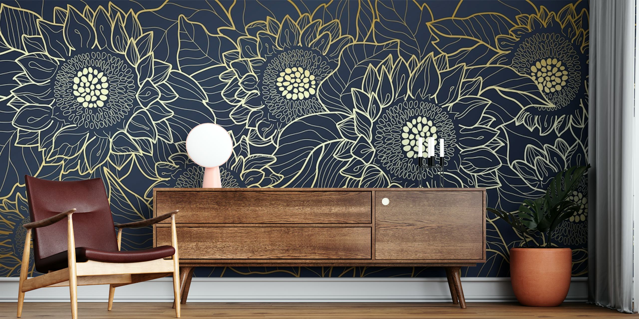Sunflower line art design in gold and navy wallpaper