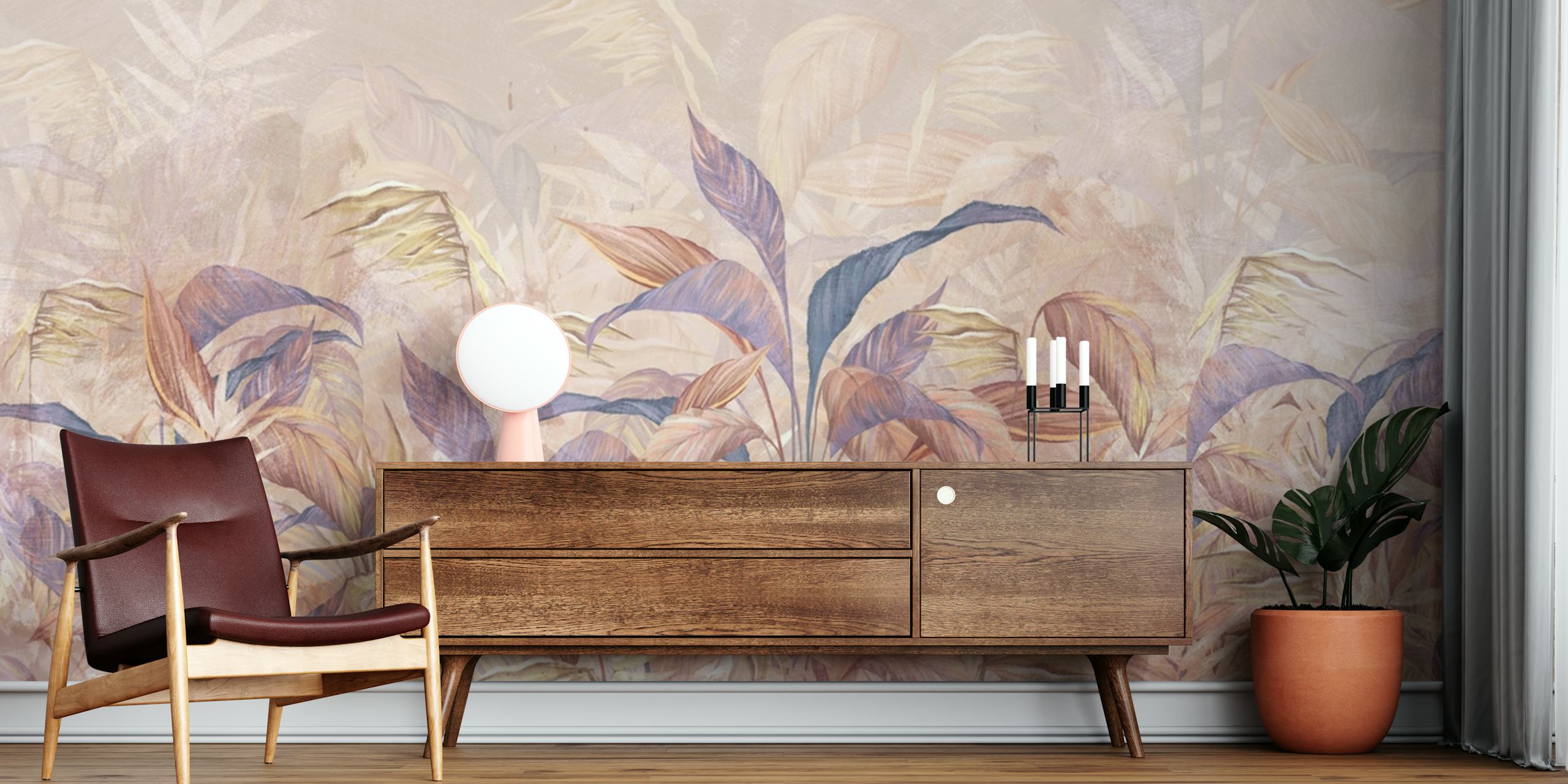 Tropical leaves in soft pink and muted green shades grunge wallpaper