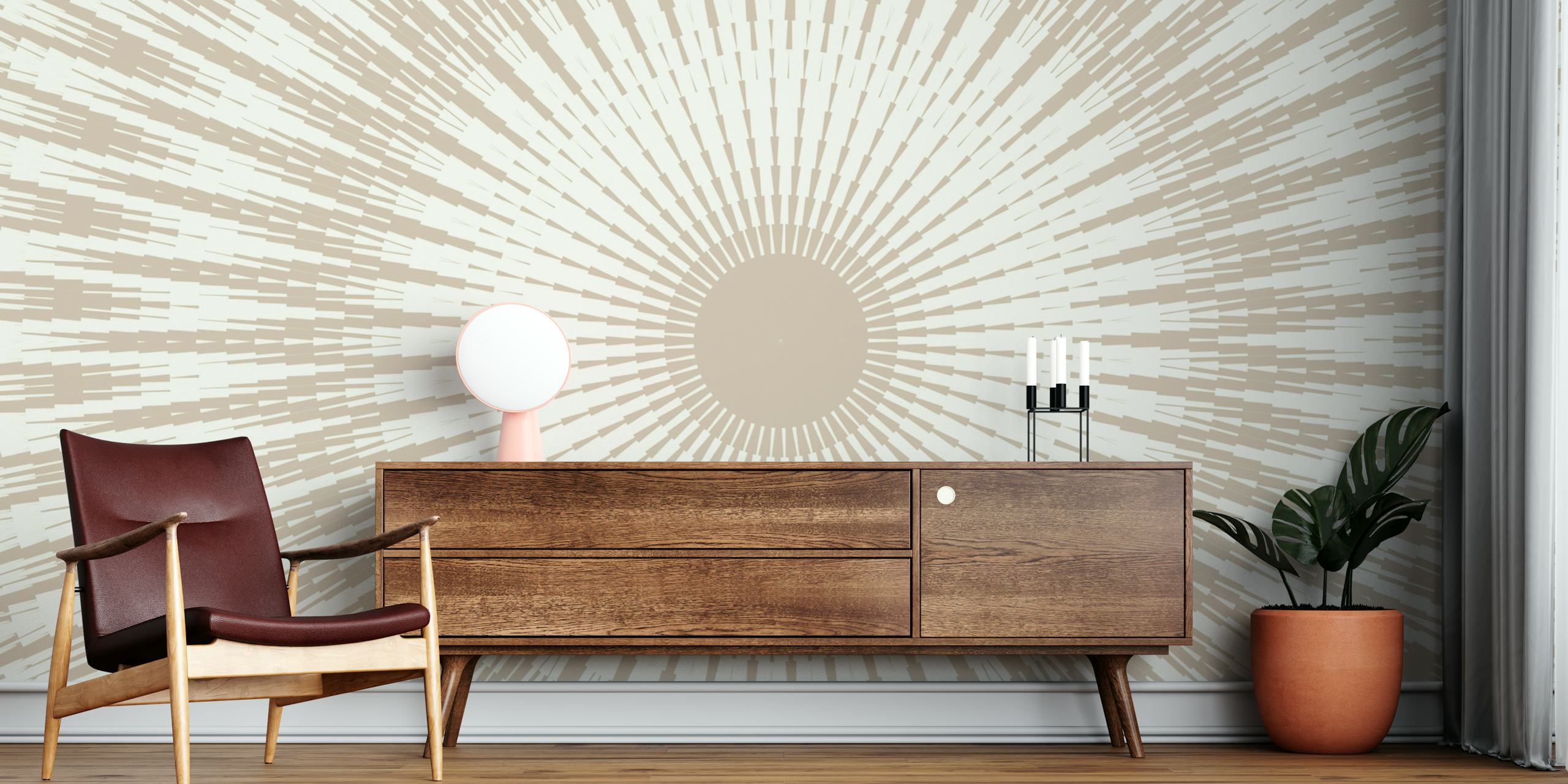 Soft Beige Sun Rays wall mural with a radial pattern design