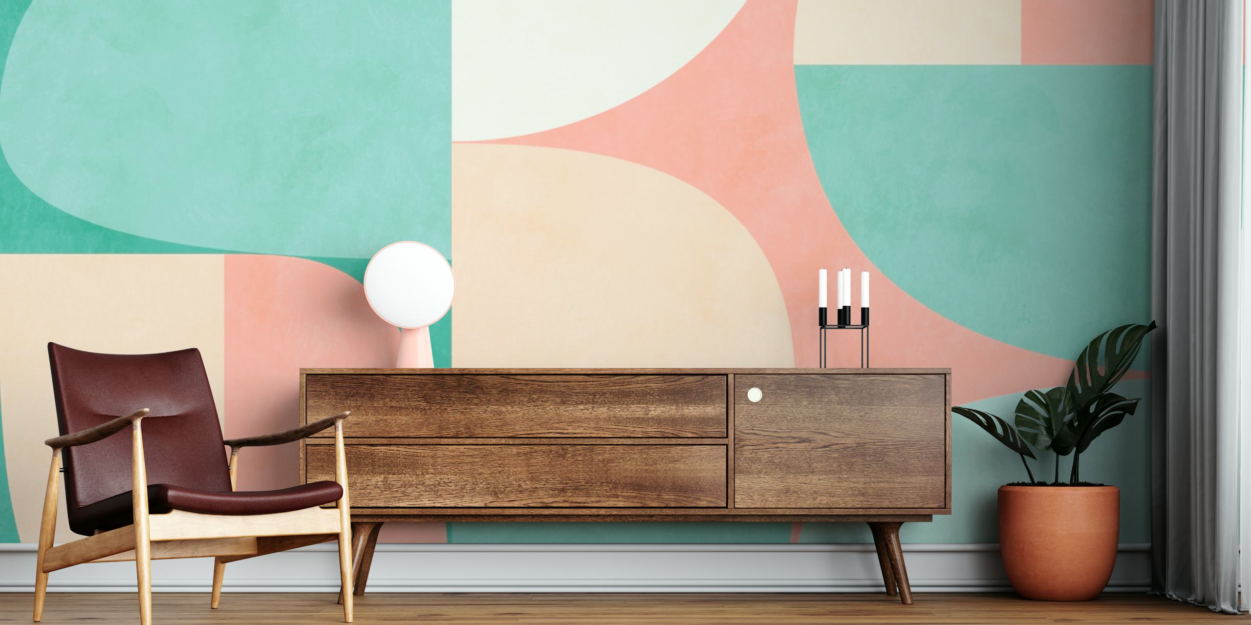 Mid Century Modern Pastel Geo wall mural featuring abstract geometric shapes in soft pastel colors