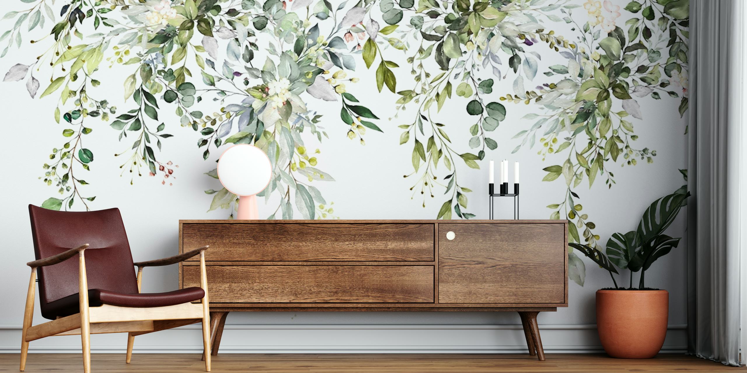 Floral arrangements in soft greens and pastel hues wallpaper