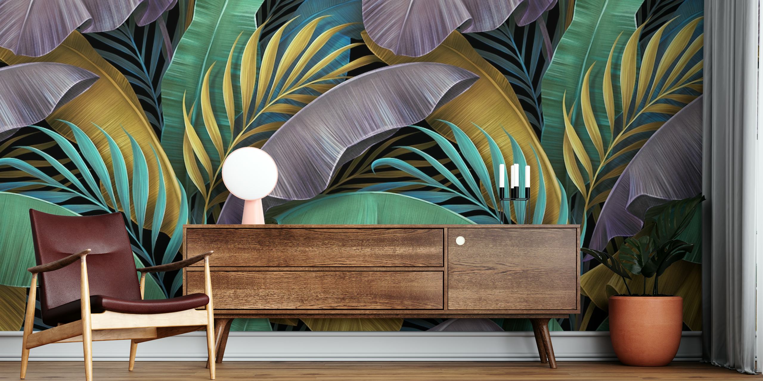 Tropical leaves in vibrant greens, purples, and yellows wallpaper