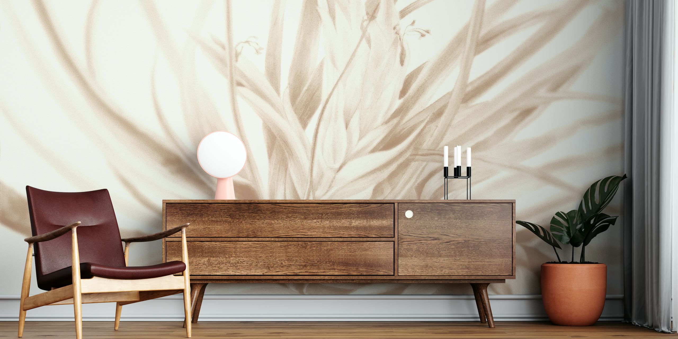 Elegante murale floreale in toni neutri e tenui per un ambiente domestico tranquillo