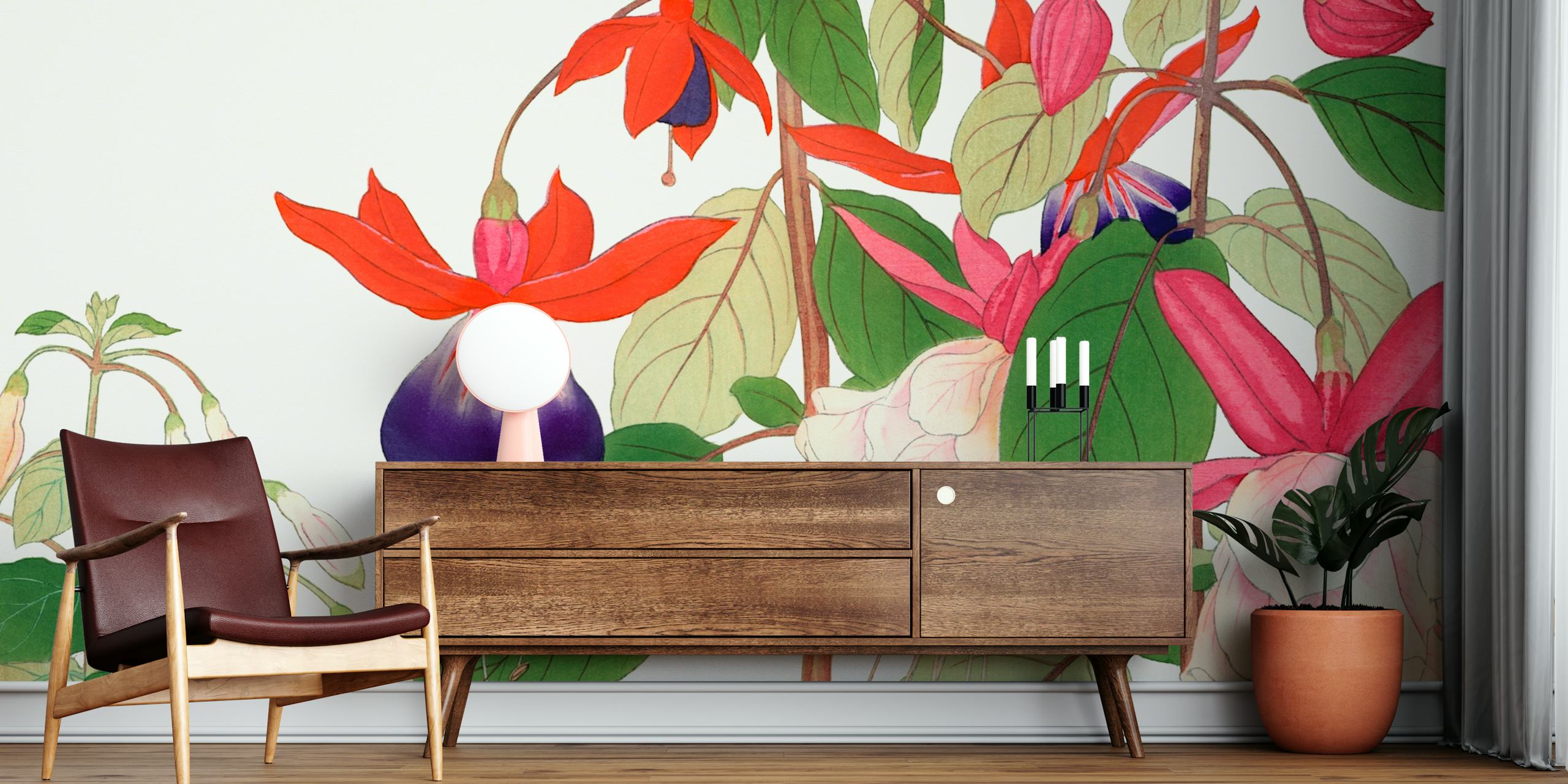 Fuchsia flowers and green leaves with vibrant colors wallpaper