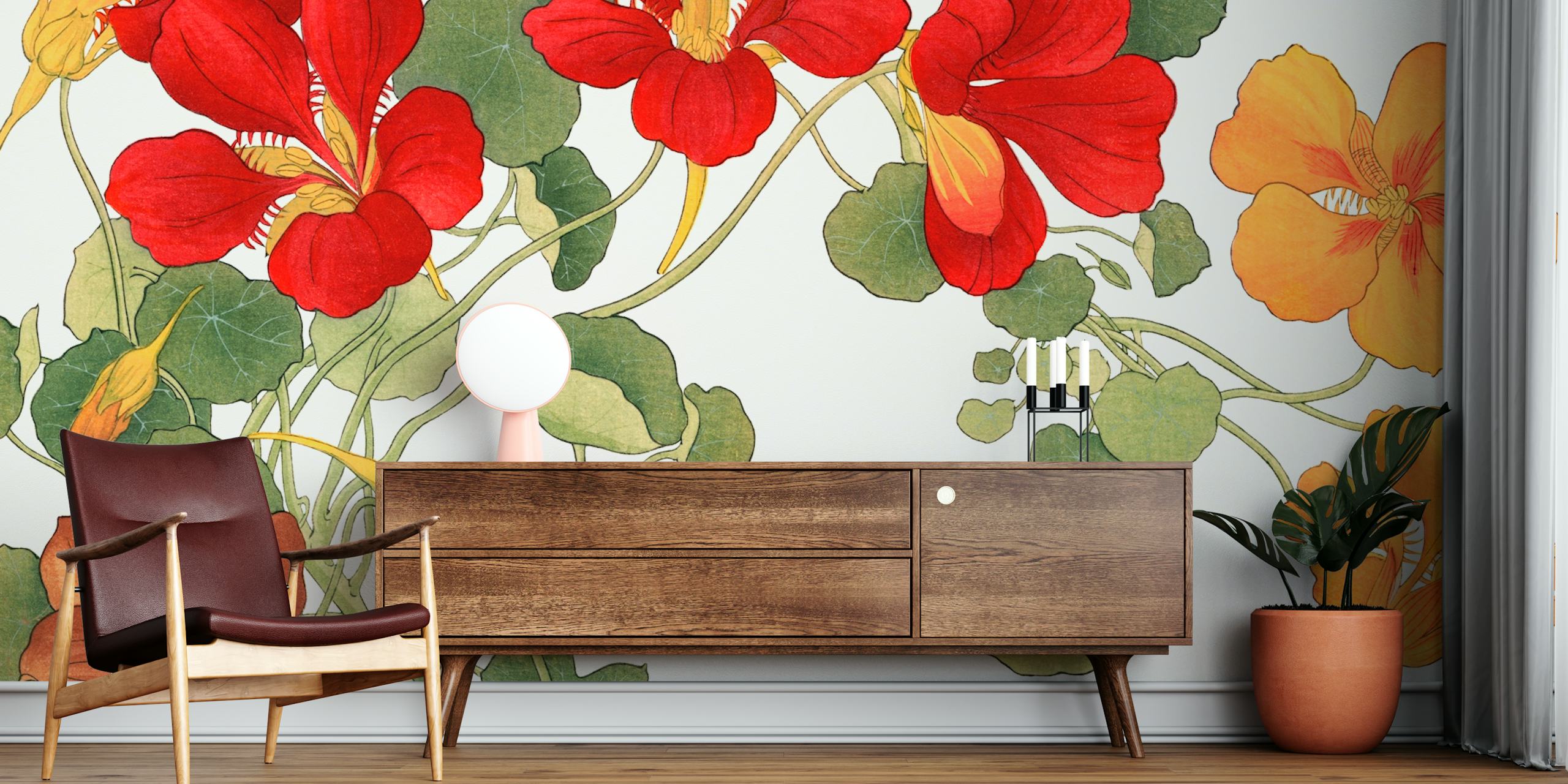 Red and orange floral leaves on cream wallpaper