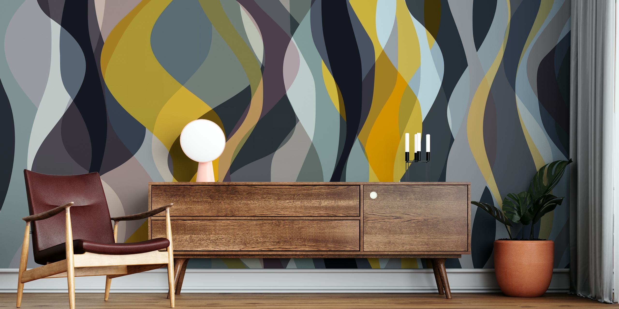 Wavy abstract pattern in gray, yellow, and blue wallpaper