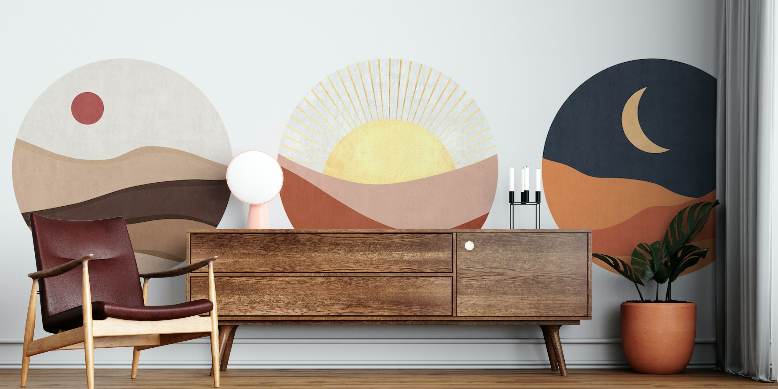 Abstract landscapes in earth tones with sun and moon elements, Boho wallpaper