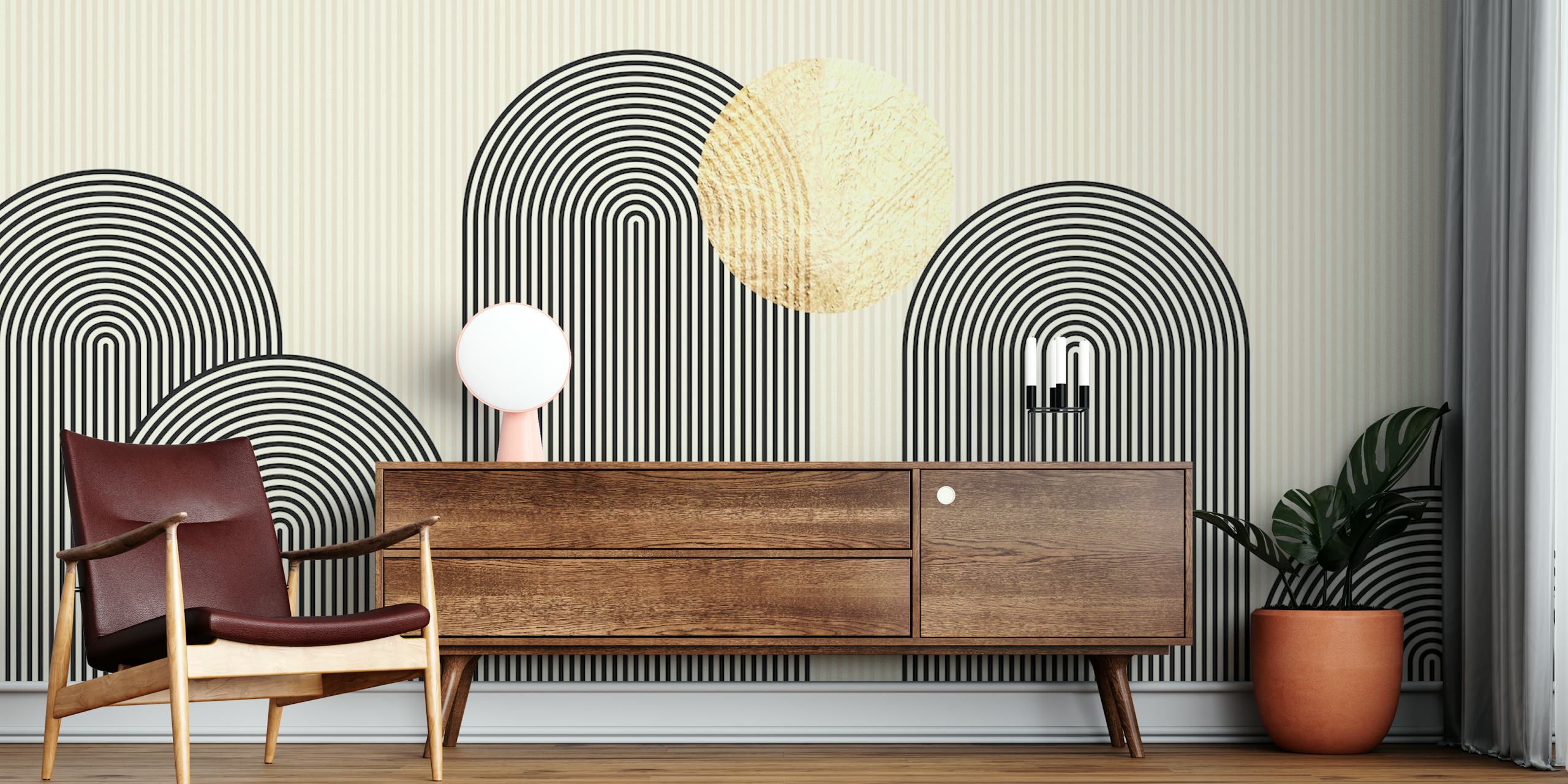 Landscape in lines wallpaper in a room