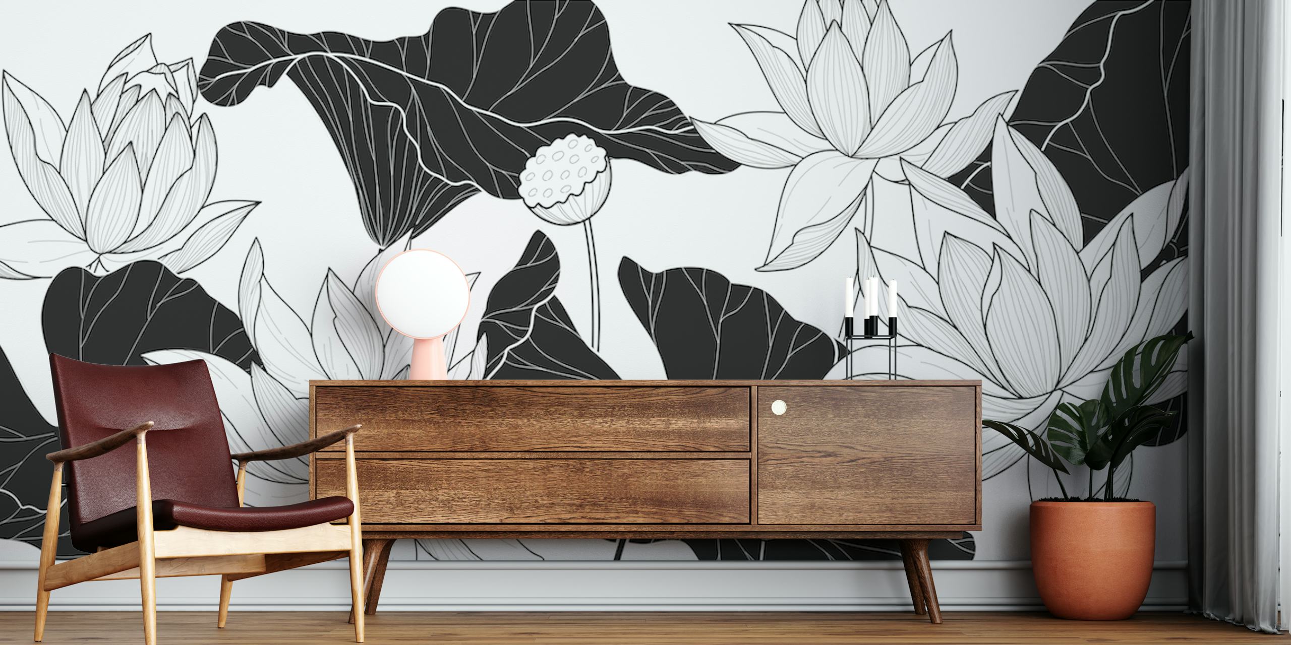 Black and white botanical wallpaper featuring lotus flowers and leaves.