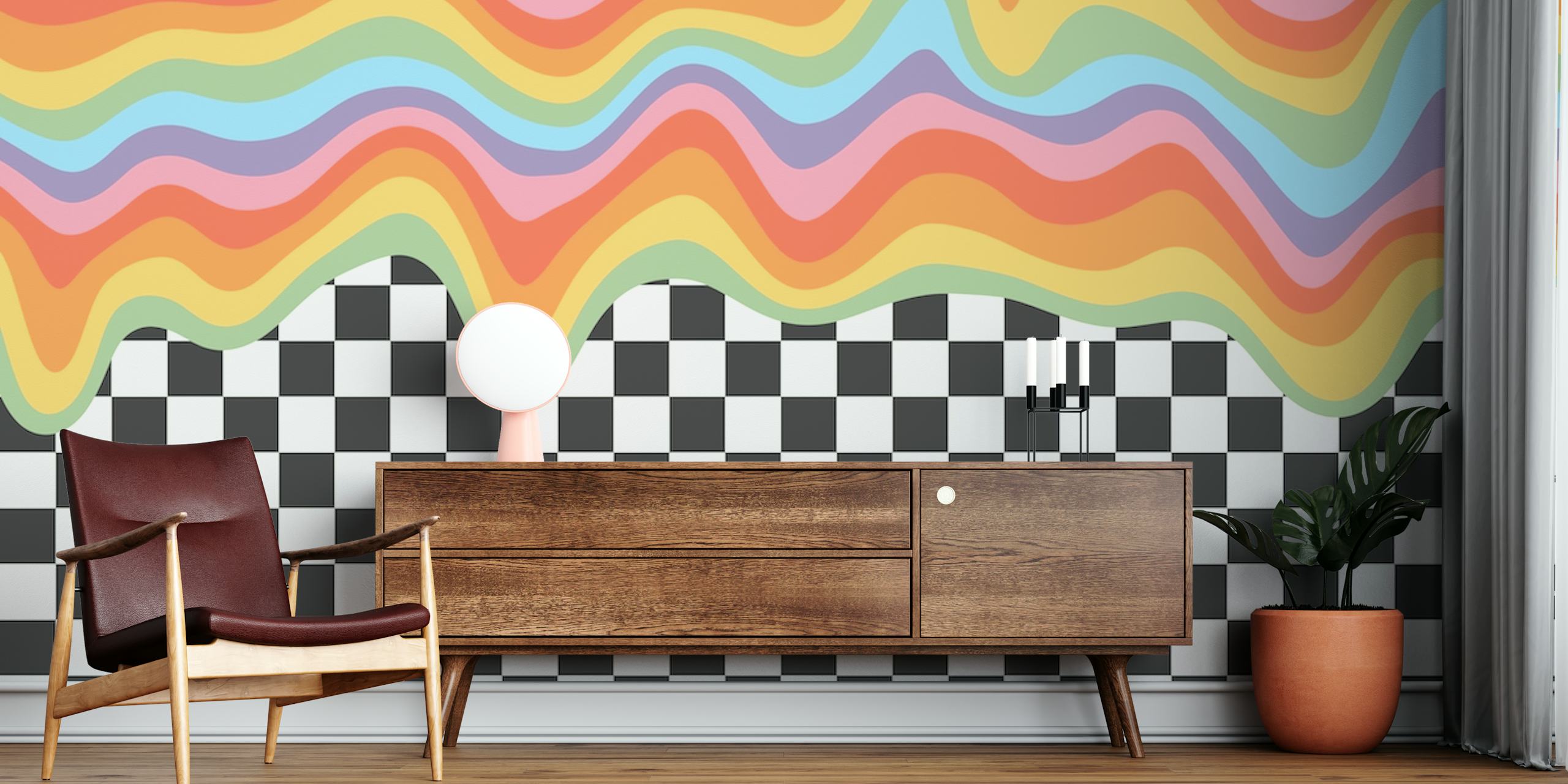 Colorful rainbow waves above a black and white checkered pattern wallpaper