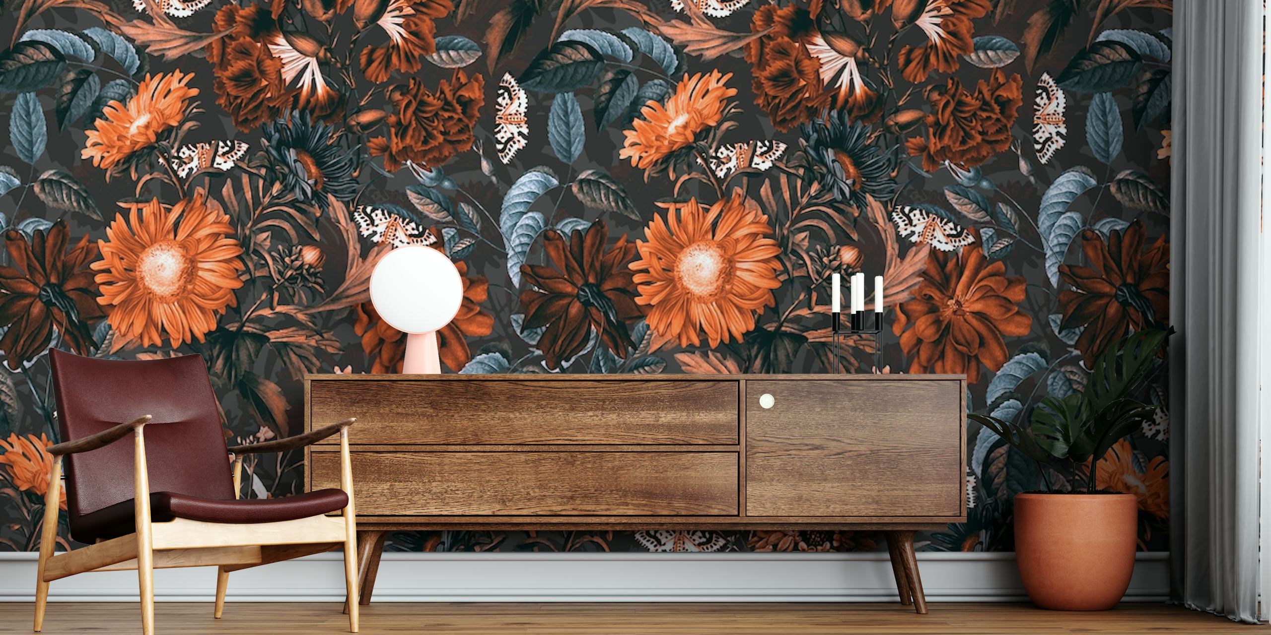 Autumn floral pattern with orange and dark green flowers wallpaper