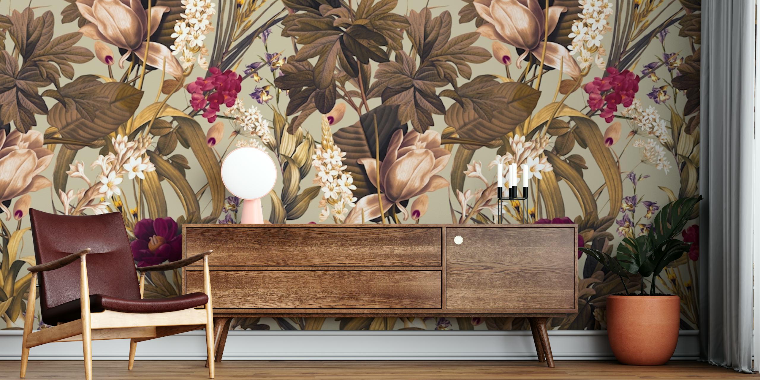 Garden of Eden IV wall mural with florals in burgundy, cream and brown