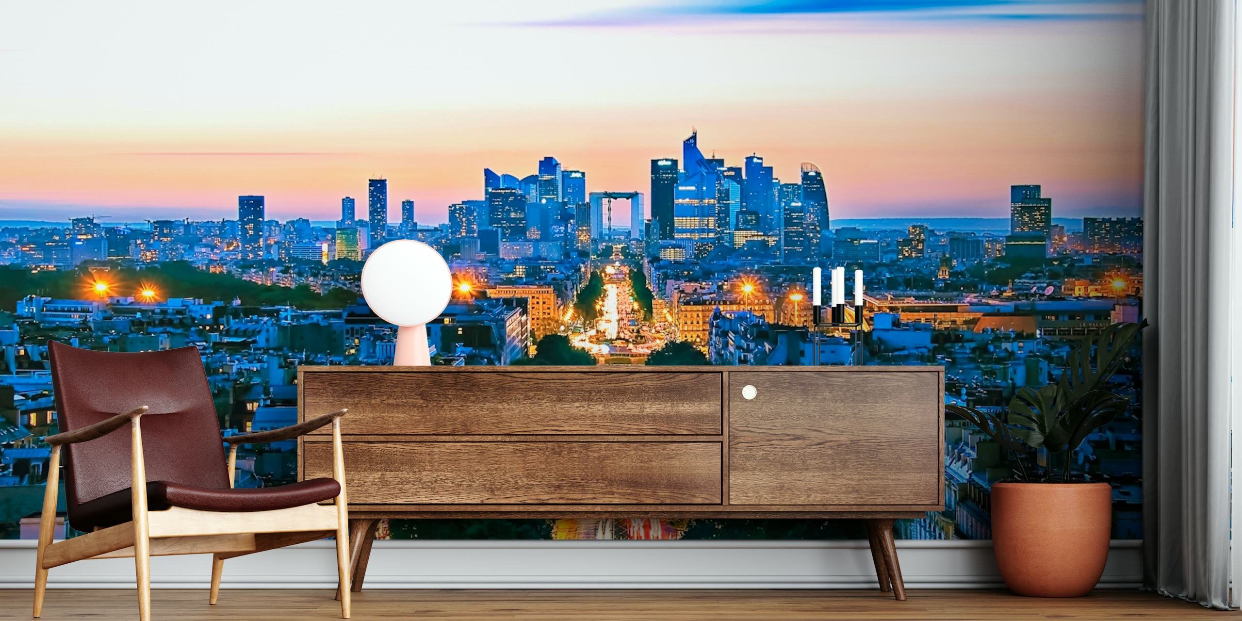 Paris skyline at dusk with city lights