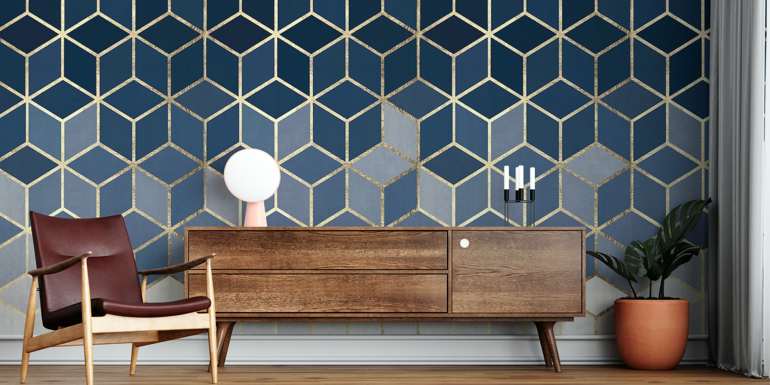 Carta da parati con motivo geometrico a quadrati dorati