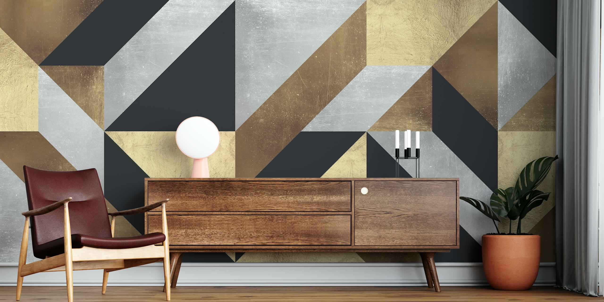 Geometryczna fototapeta ze złotymi, czarnymi i metalicznymi wzorami