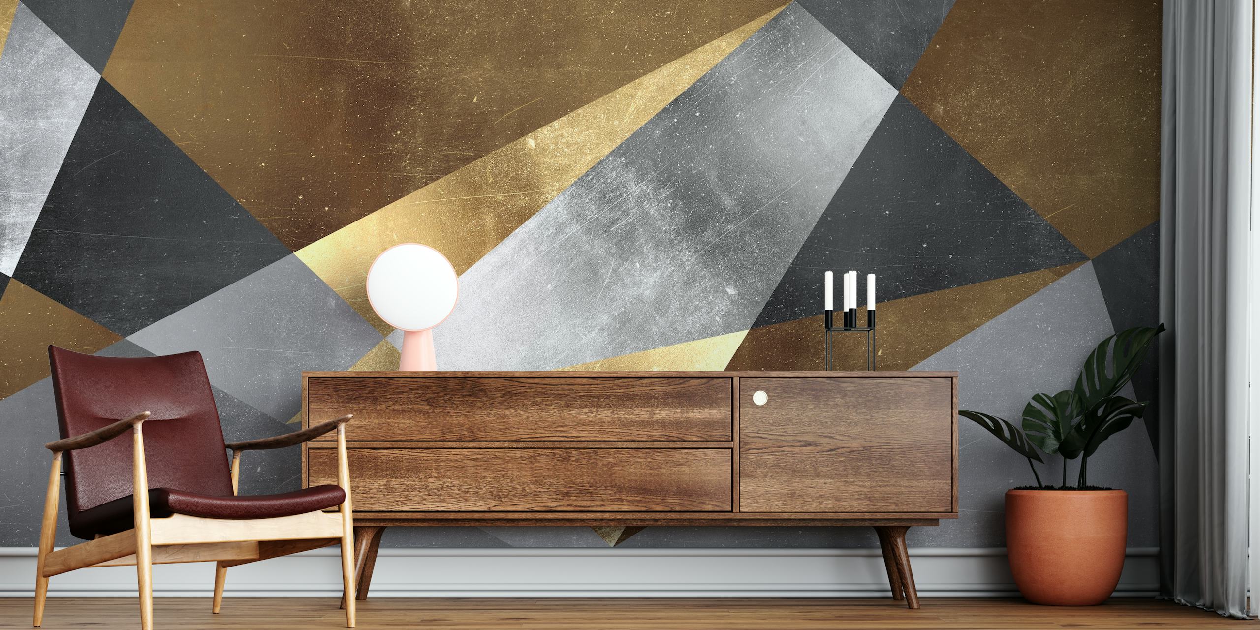 Geometric patterns in gold, silver, and black wallpaper