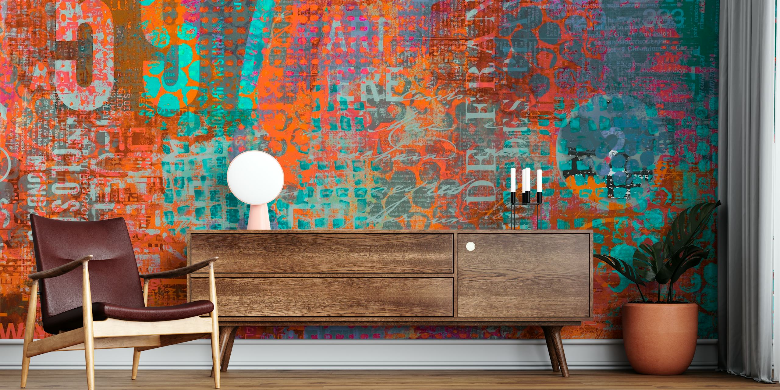 Vibrant urban street art wallpaper in a room