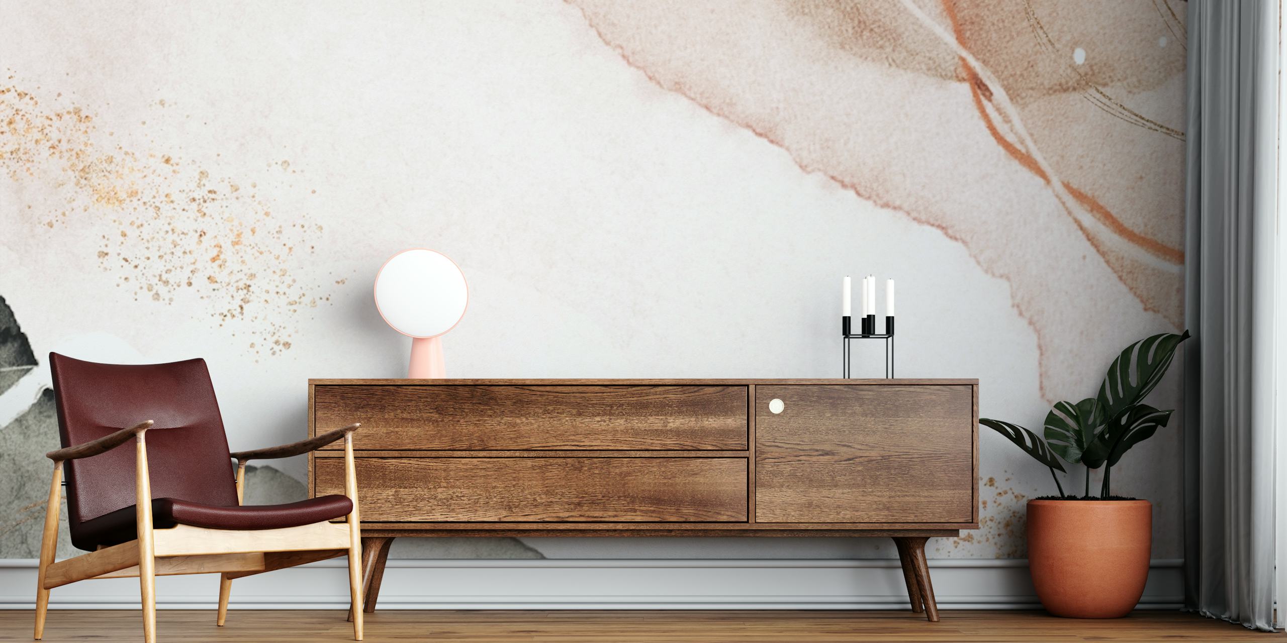 Abstract shapes in soft beige, grey, and rose gold wallpaper