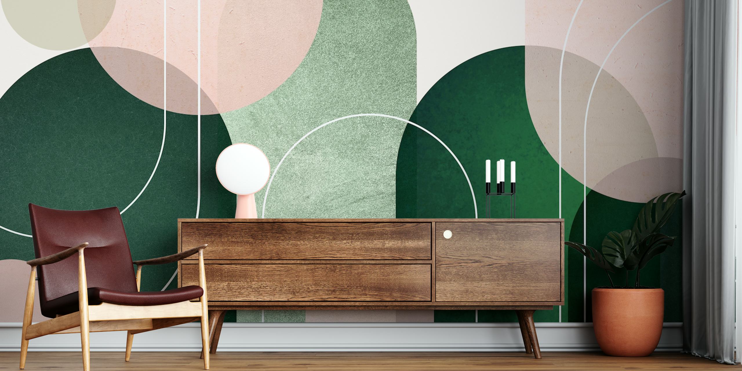 Abstract arches in pink and green tones on wallpaper