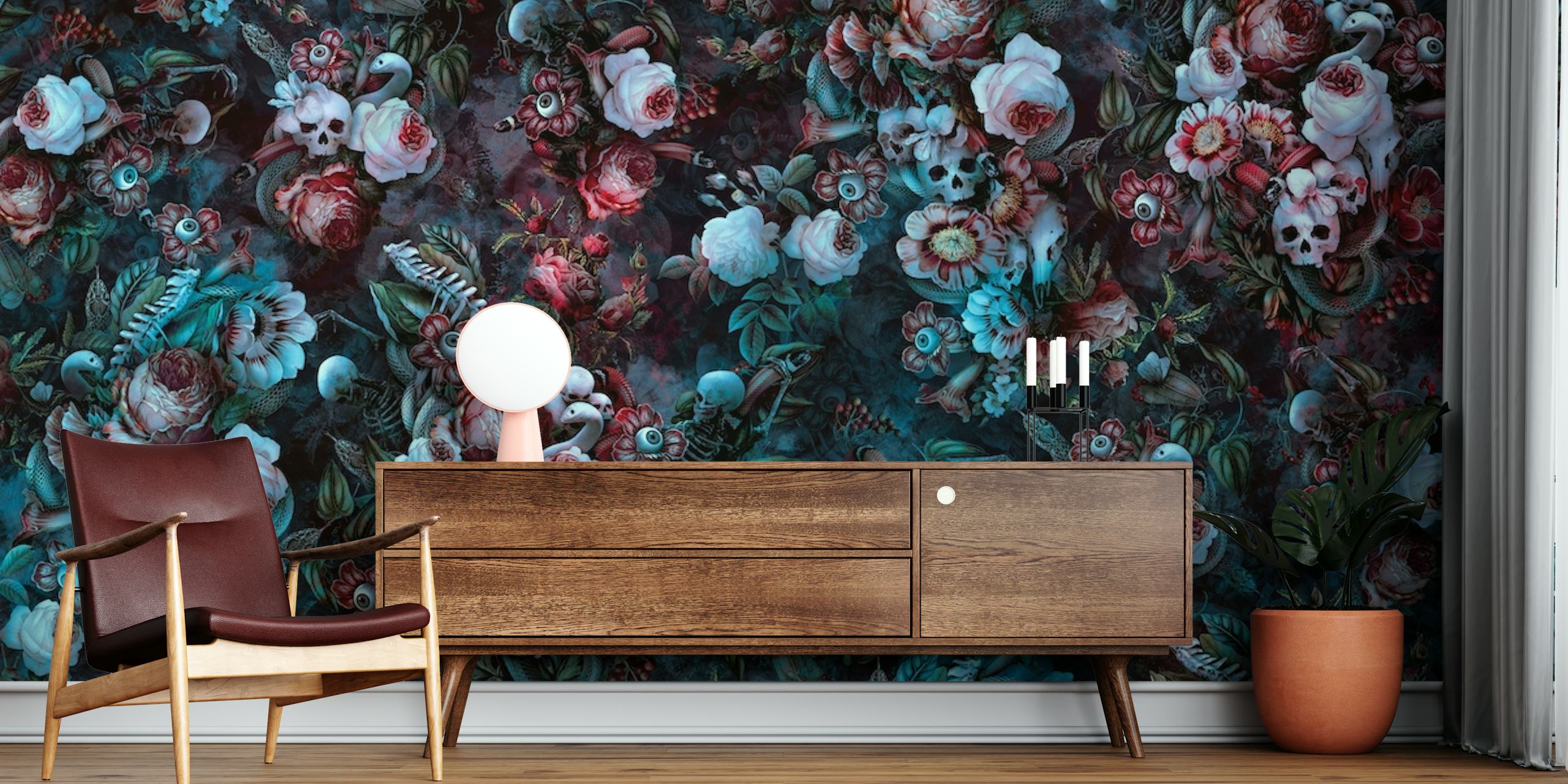 Mysterious floral pattern with watchful eyes embedded in darkness for wall mural