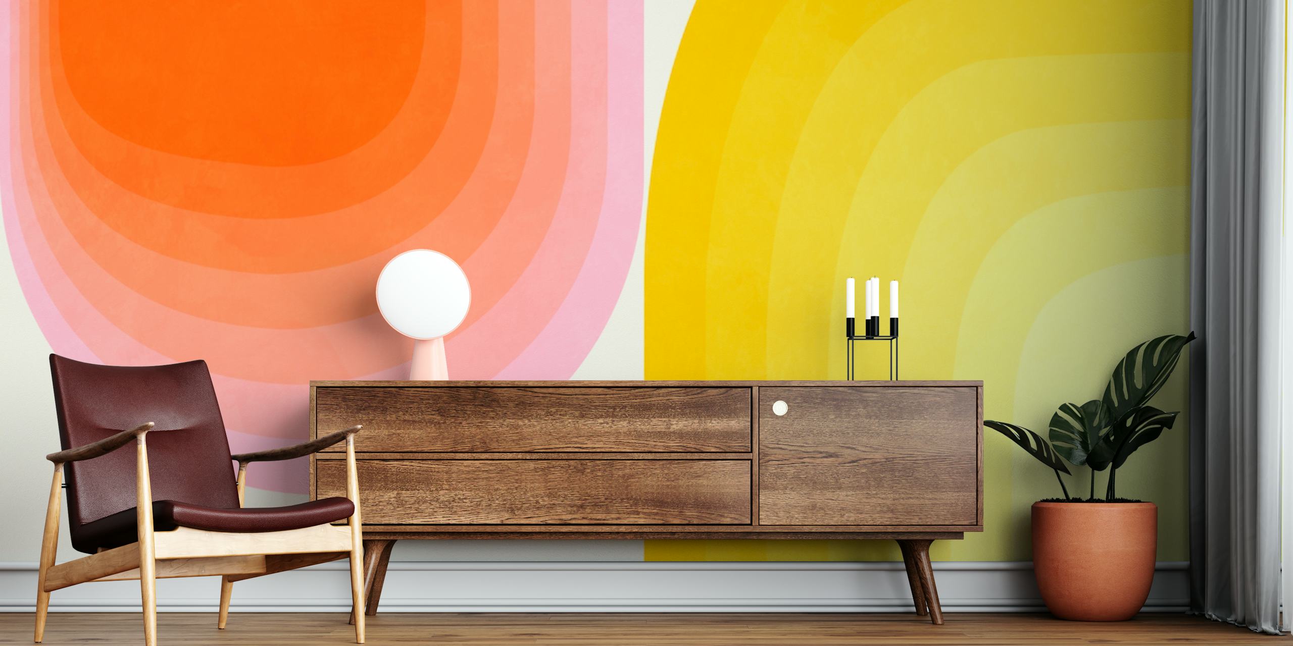 Gradient geometric mid-century tapetti huoneessa
