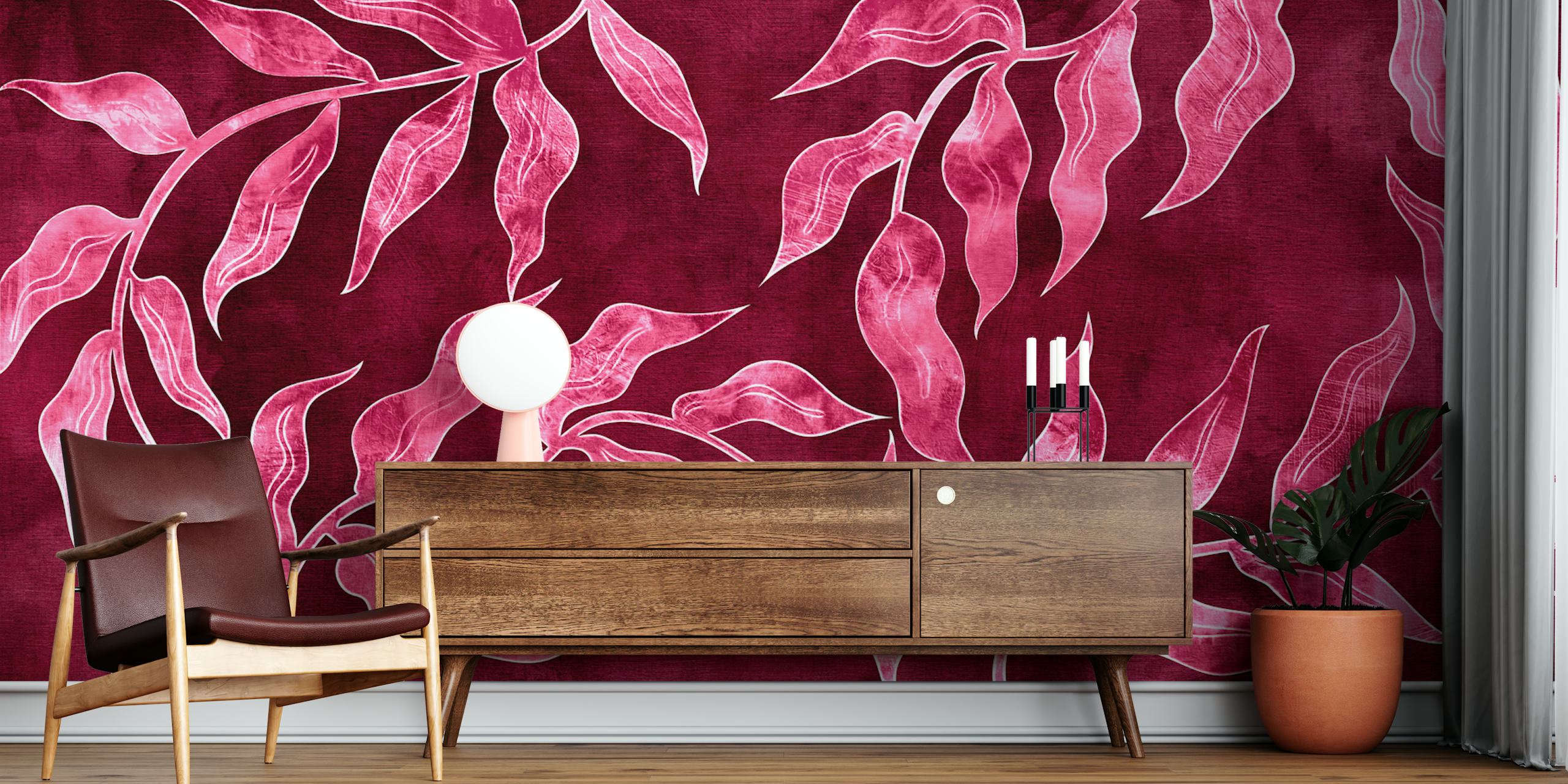 Tapeta Watercolor Leaf Fabric wyeksponowana w pokoju