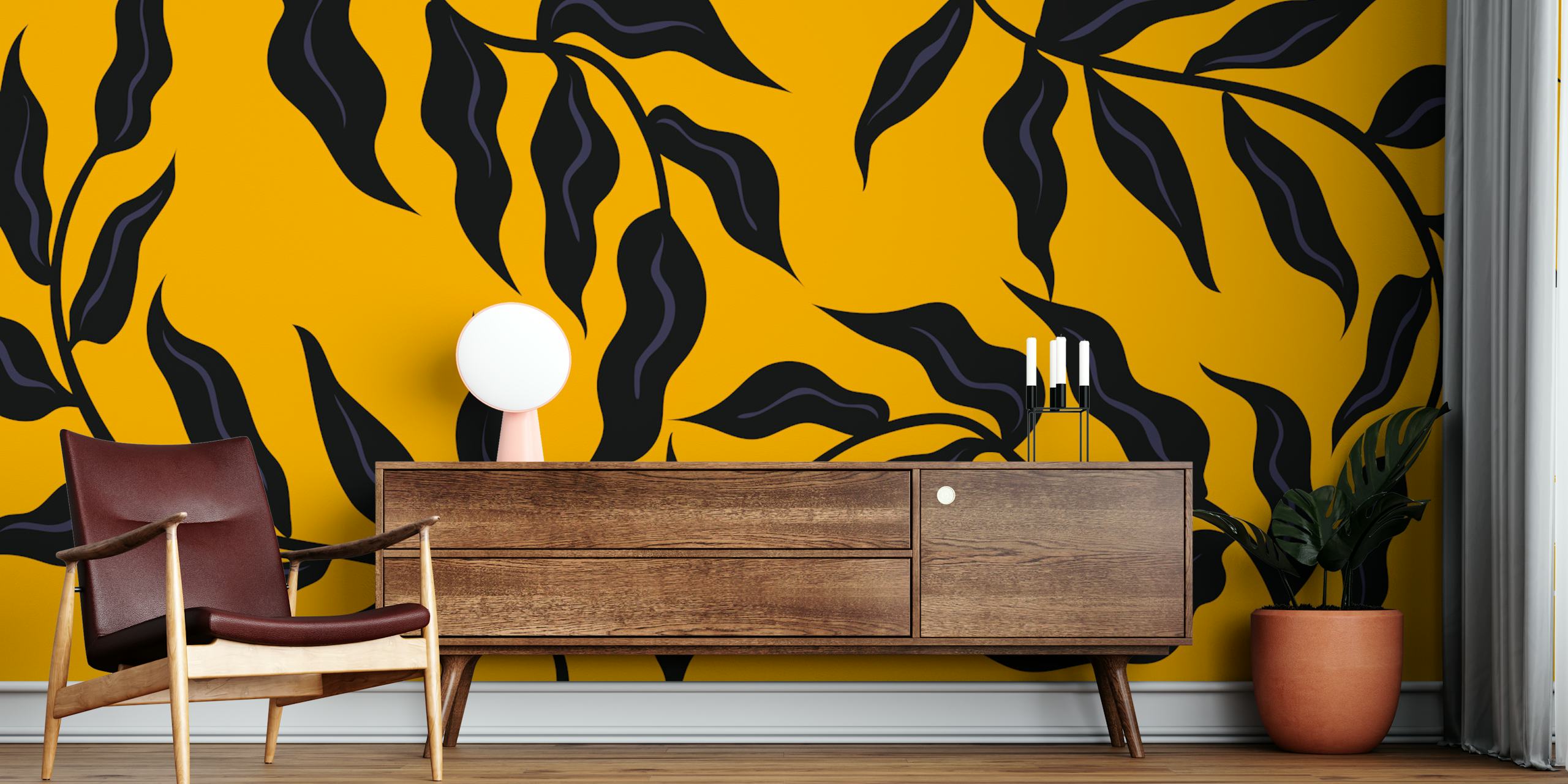 Papel de parede Black Retro Leaves em um quarto