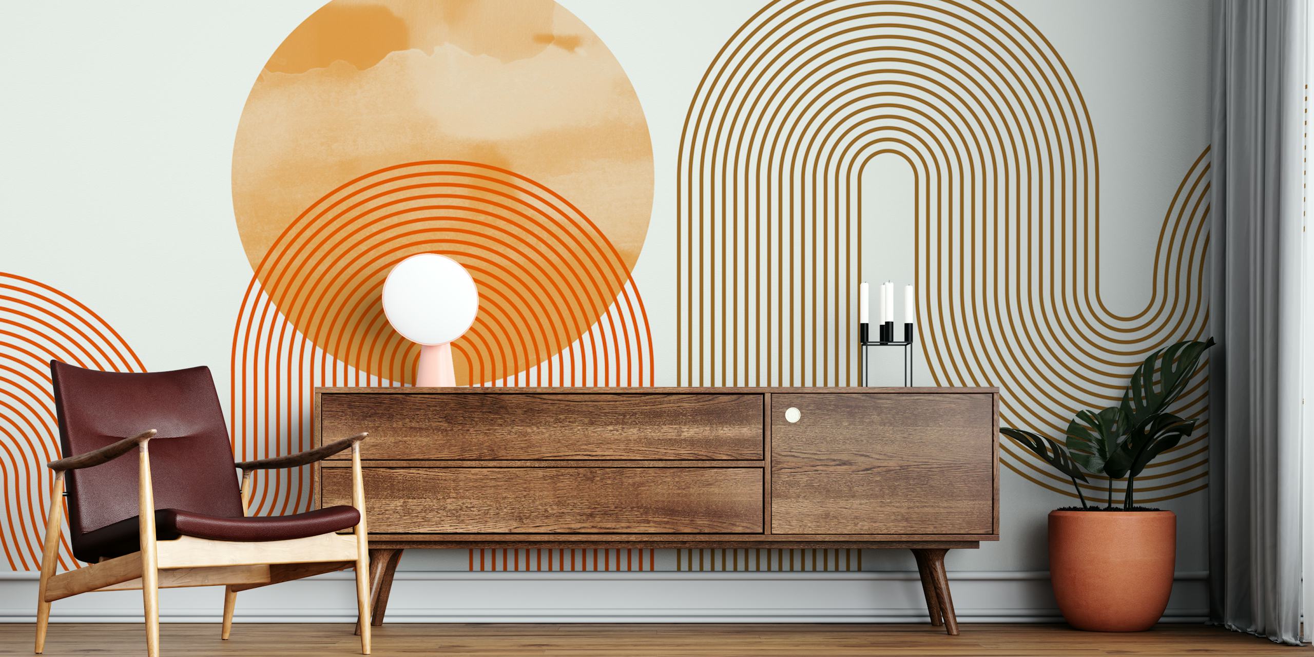 Curvy orange and brown lines with circular shapes wallpaper