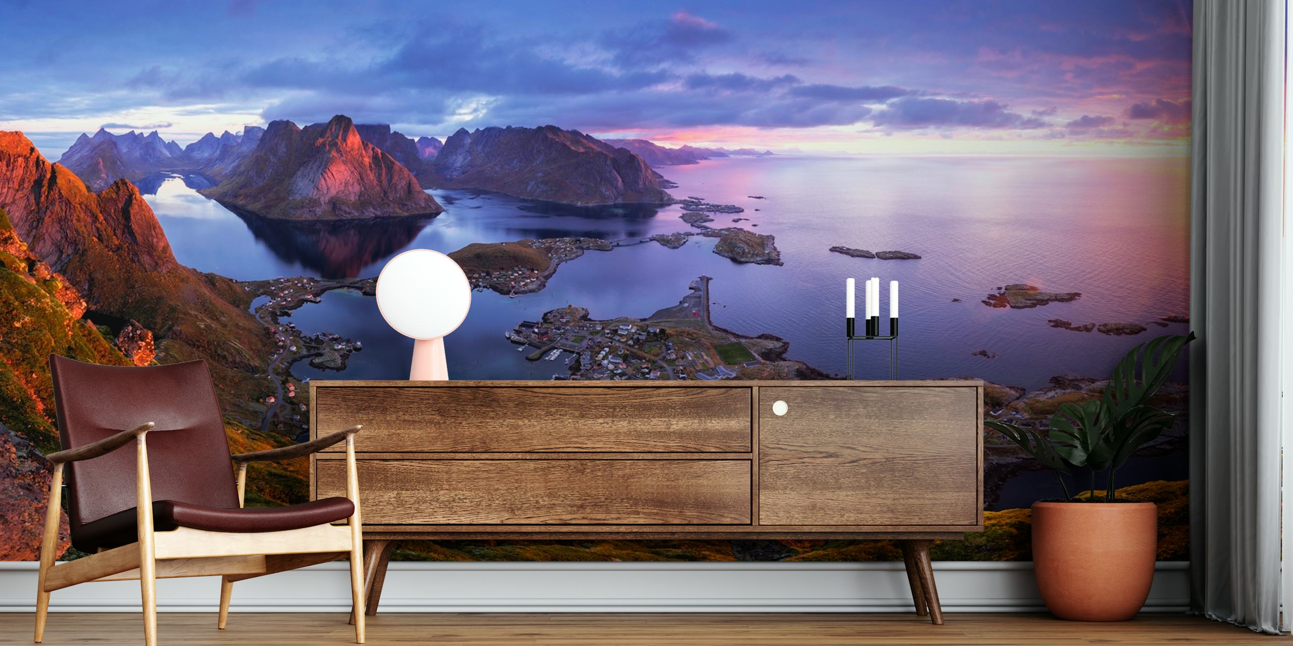 Vibrant Lofoten sunrise landscape wall mural featuring mountains and water
