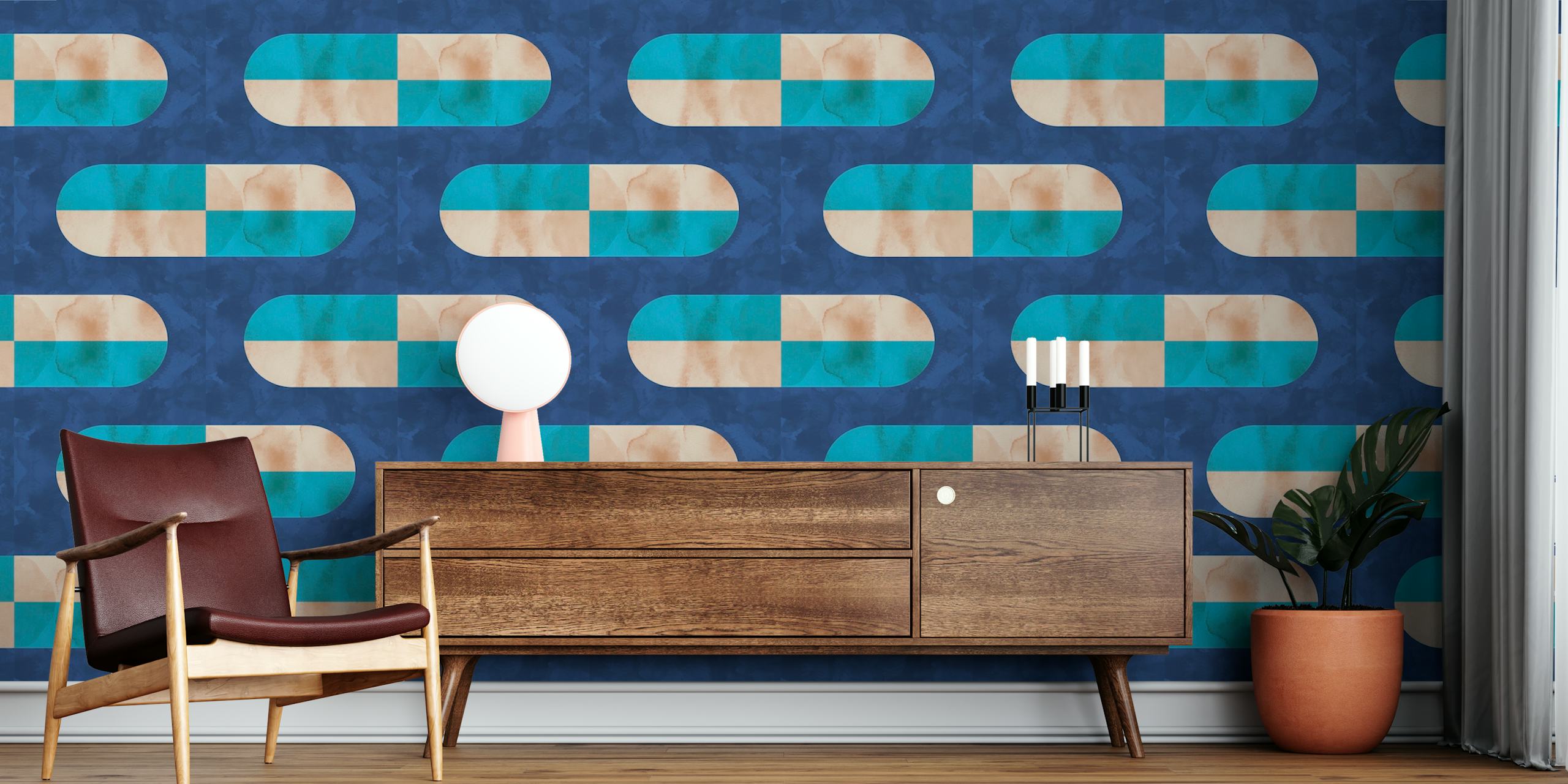 80s abstract organic forms wallpaper in a room